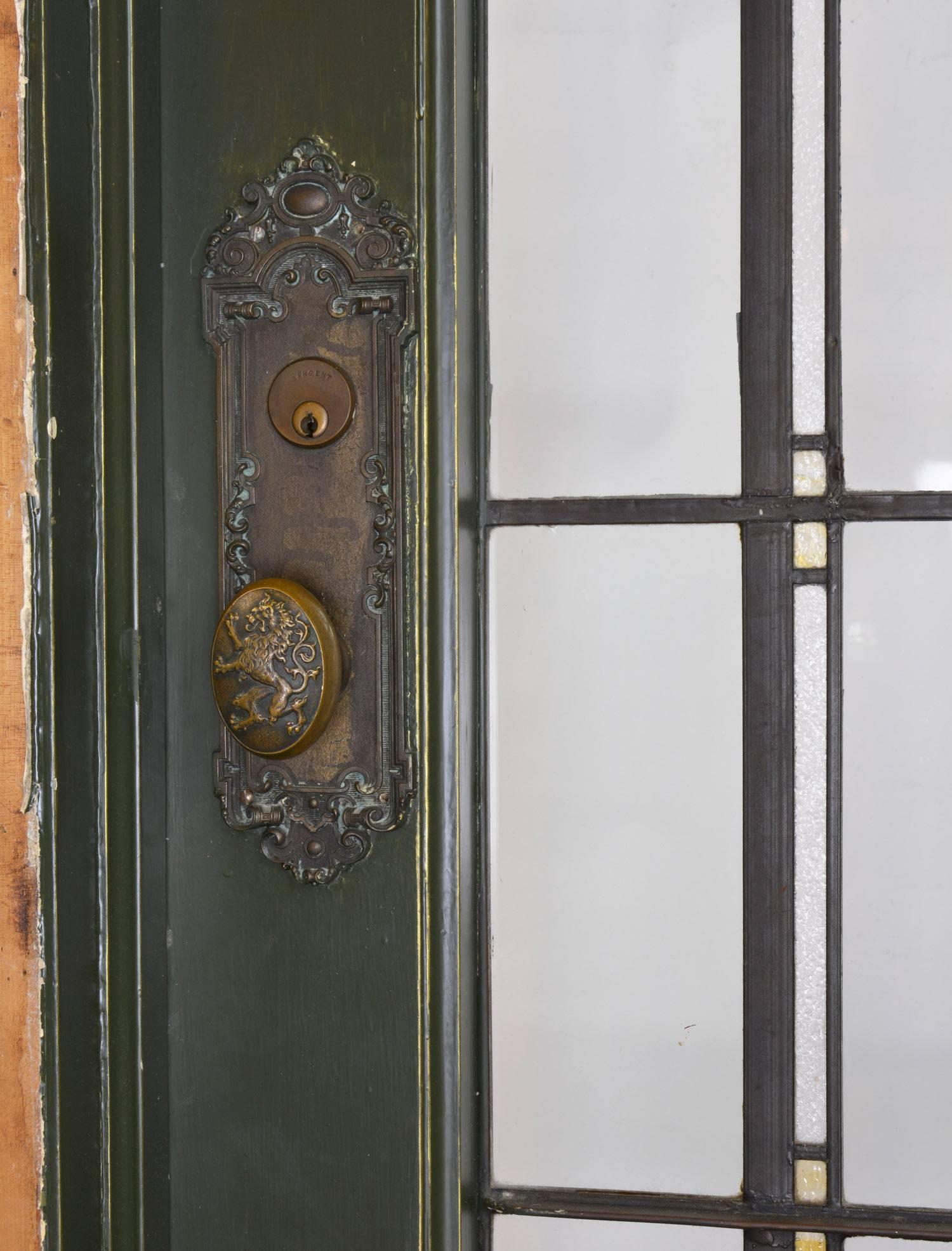 American Tudor Leaded Glass Entry Door with Original Antwerp Lion Knob Set, circa 1915