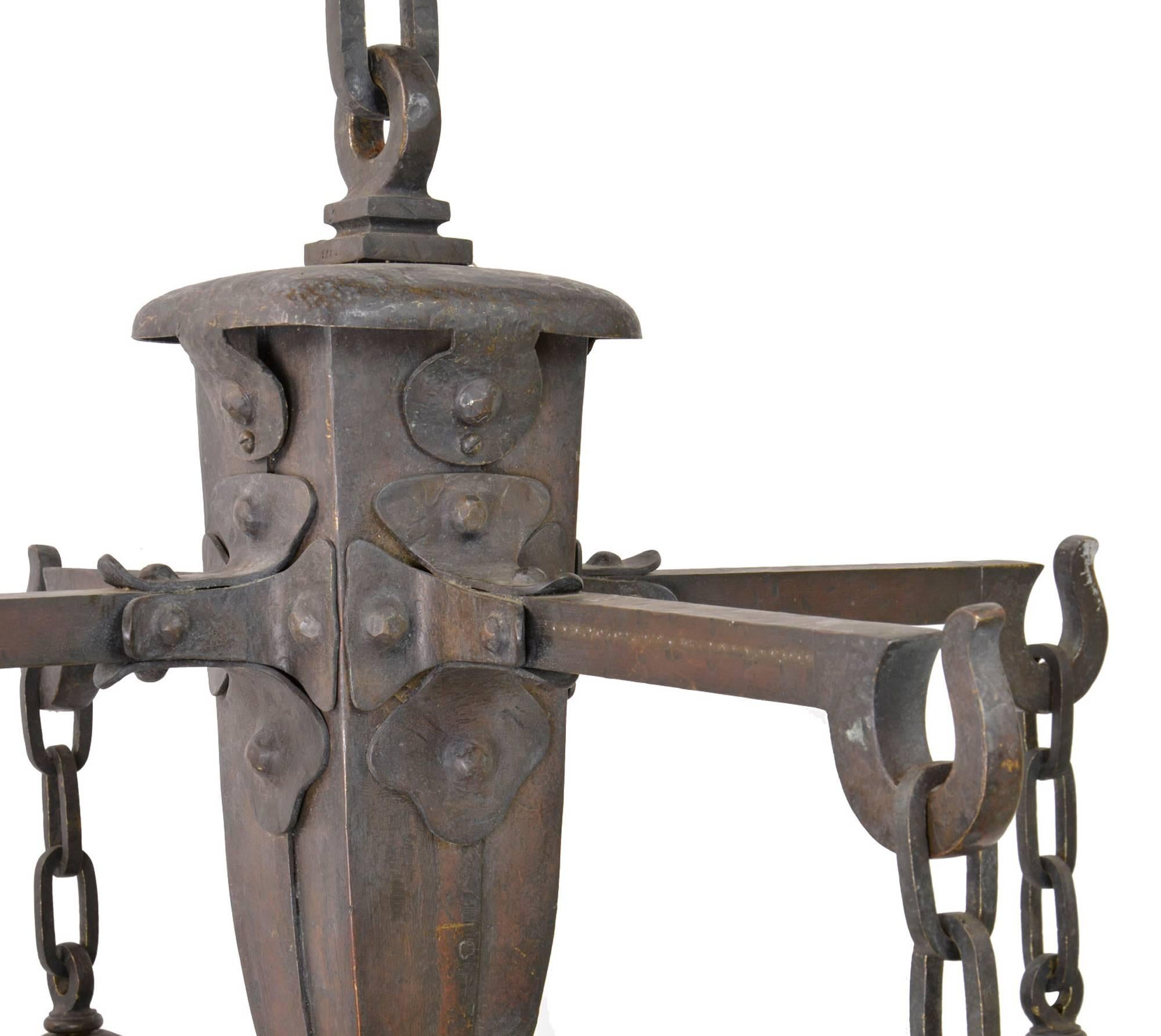 Arts and Crafts Oversized Wrought Iron Arts & Crafts Chandelier, circa 1910 For Sale