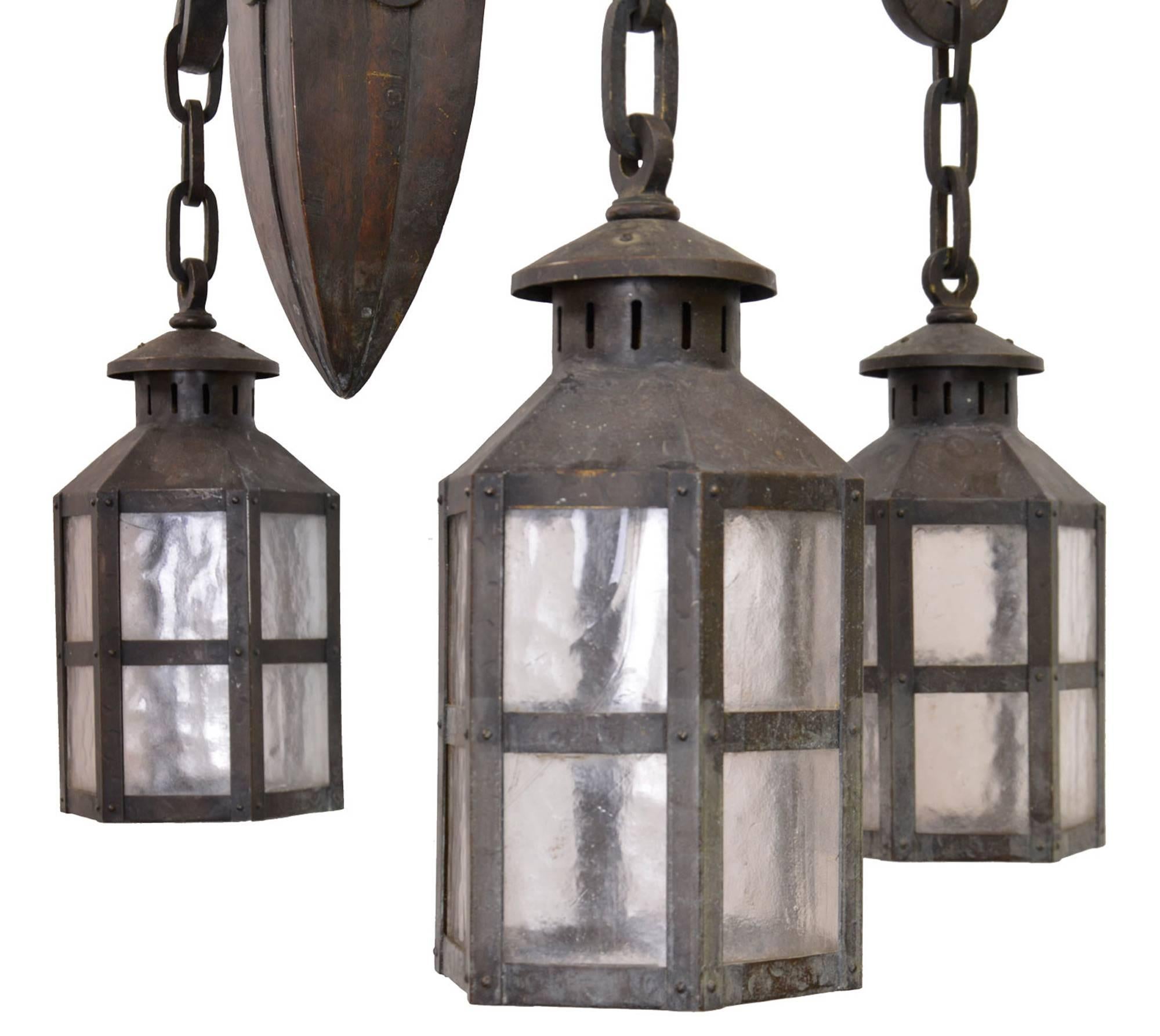 Hammered Oversized Wrought Iron Arts & Crafts Chandelier, circa 1910 For Sale