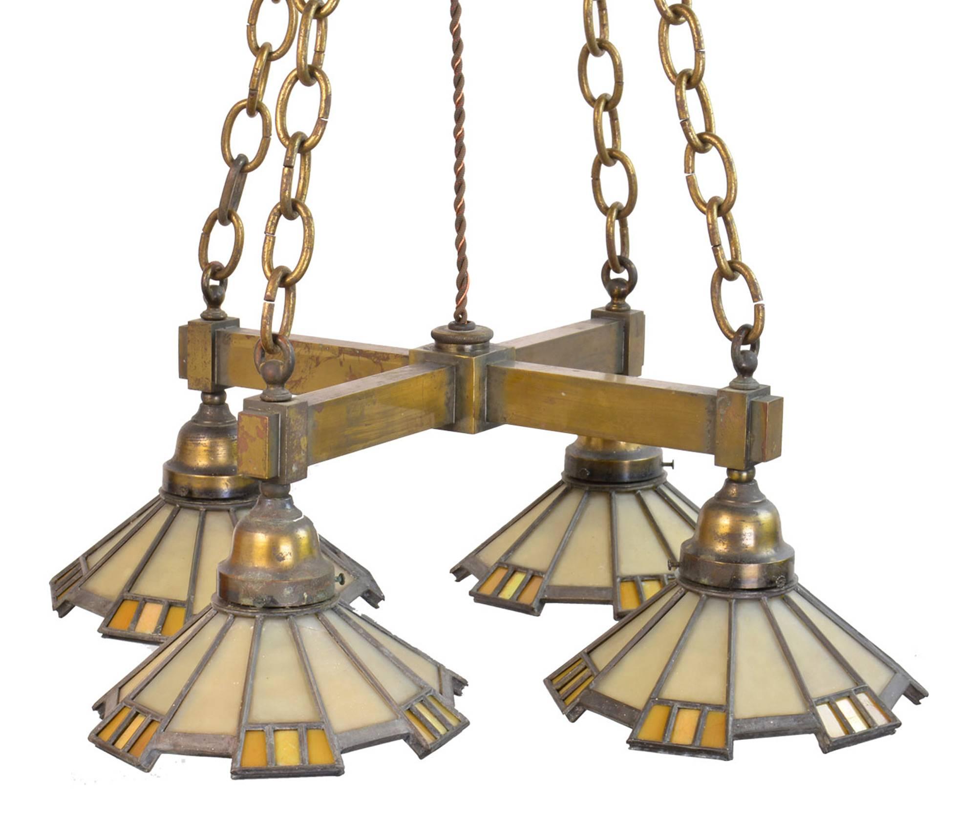 American Cast Brass Mission Chandelier with Four Art Glass Shades, circa 1908