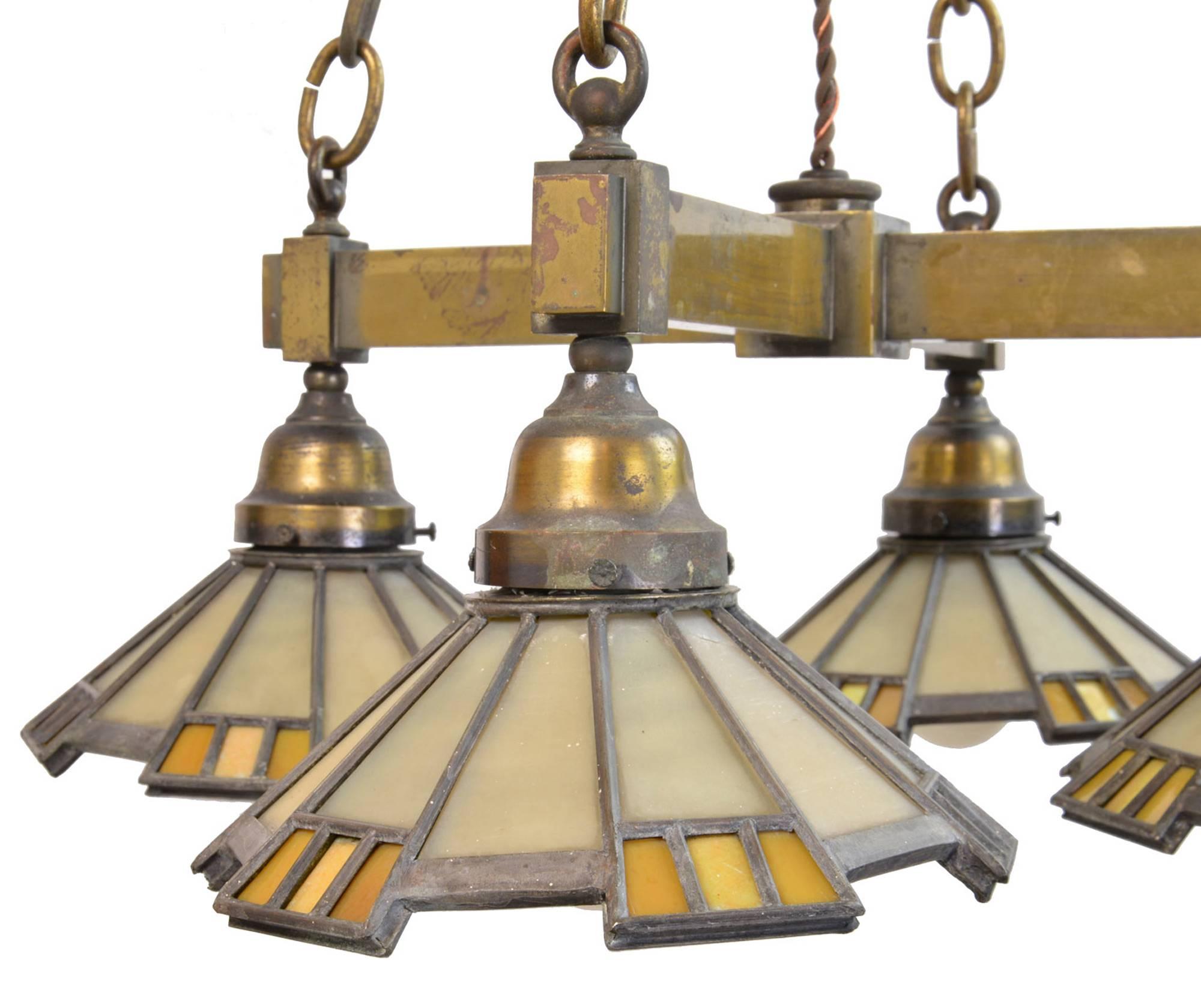 Cast Brass Mission Chandelier with Four Art Glass Shades, circa 1908 In Excellent Condition In Minneapolis, MN