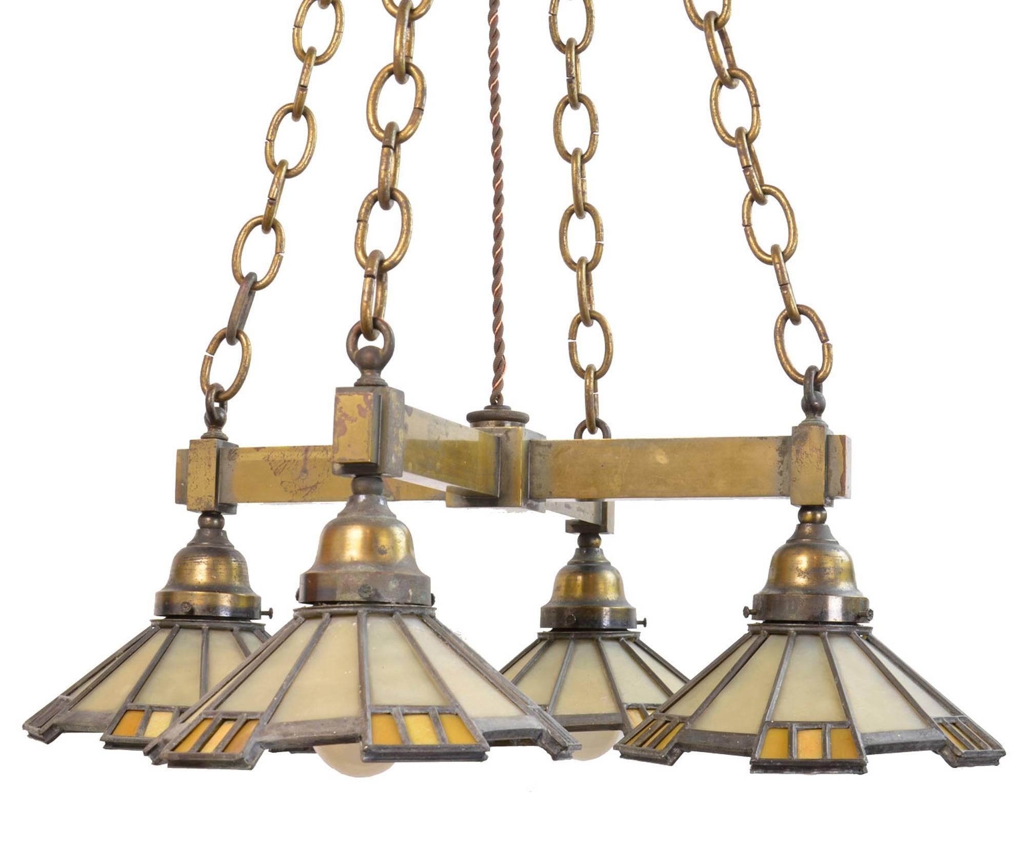 20th Century Cast Brass Mission Chandelier with Four Art Glass Shades, circa 1908