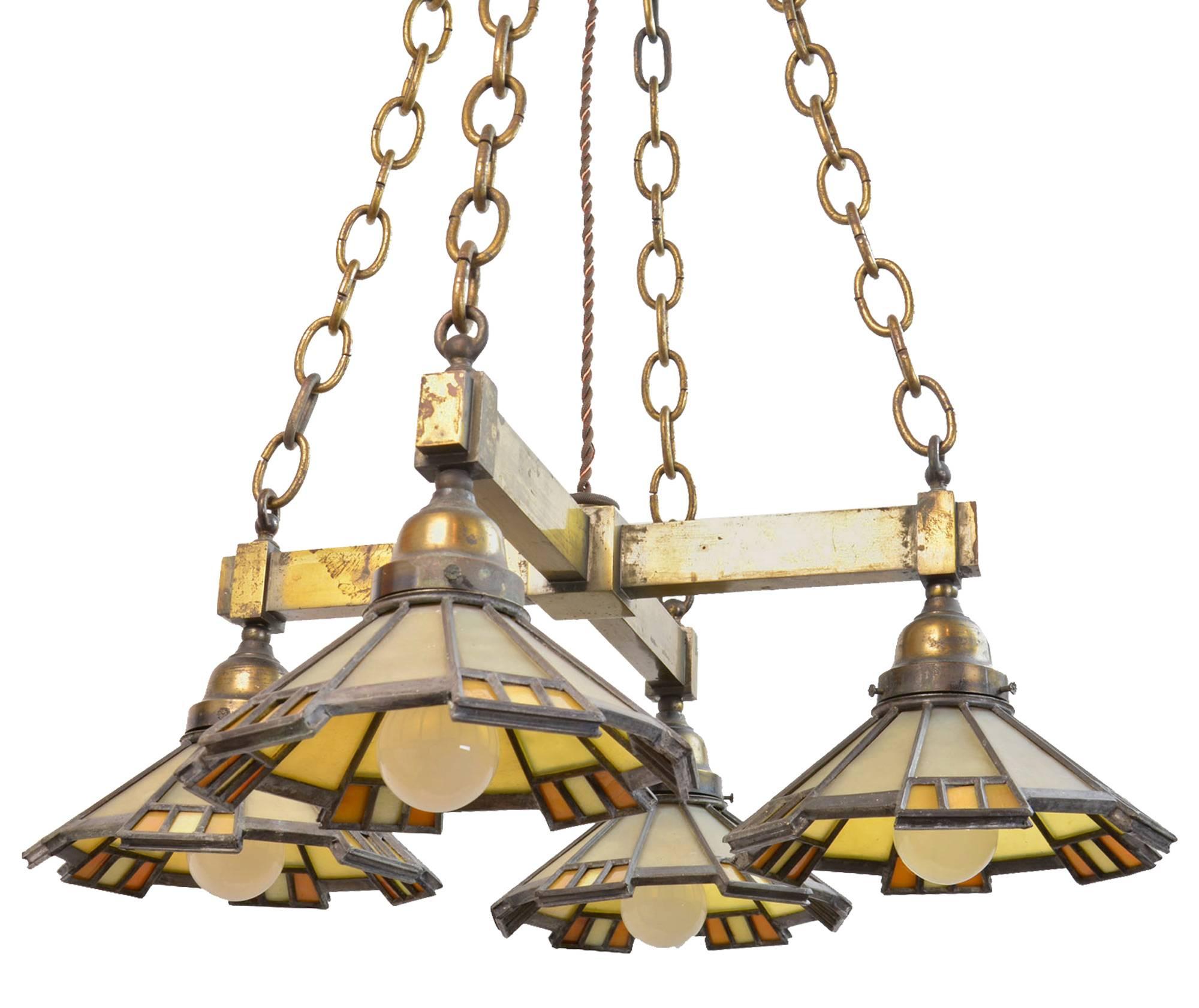 Cast Brass Mission Chandelier with Four Art Glass Shades, circa 1908 1