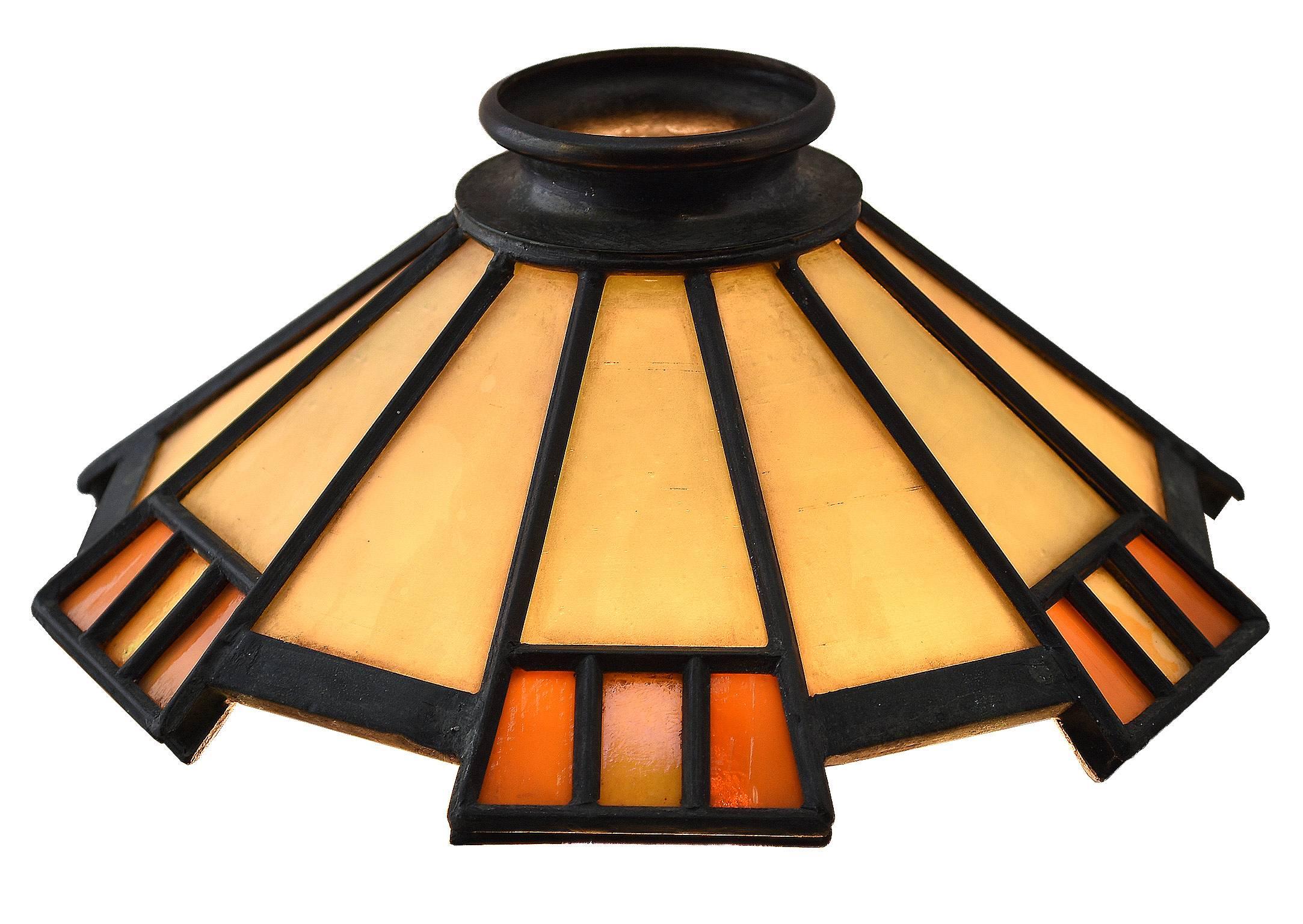 Cast Brass Mission Chandelier with Four Art Glass Shades, circa 1908 2