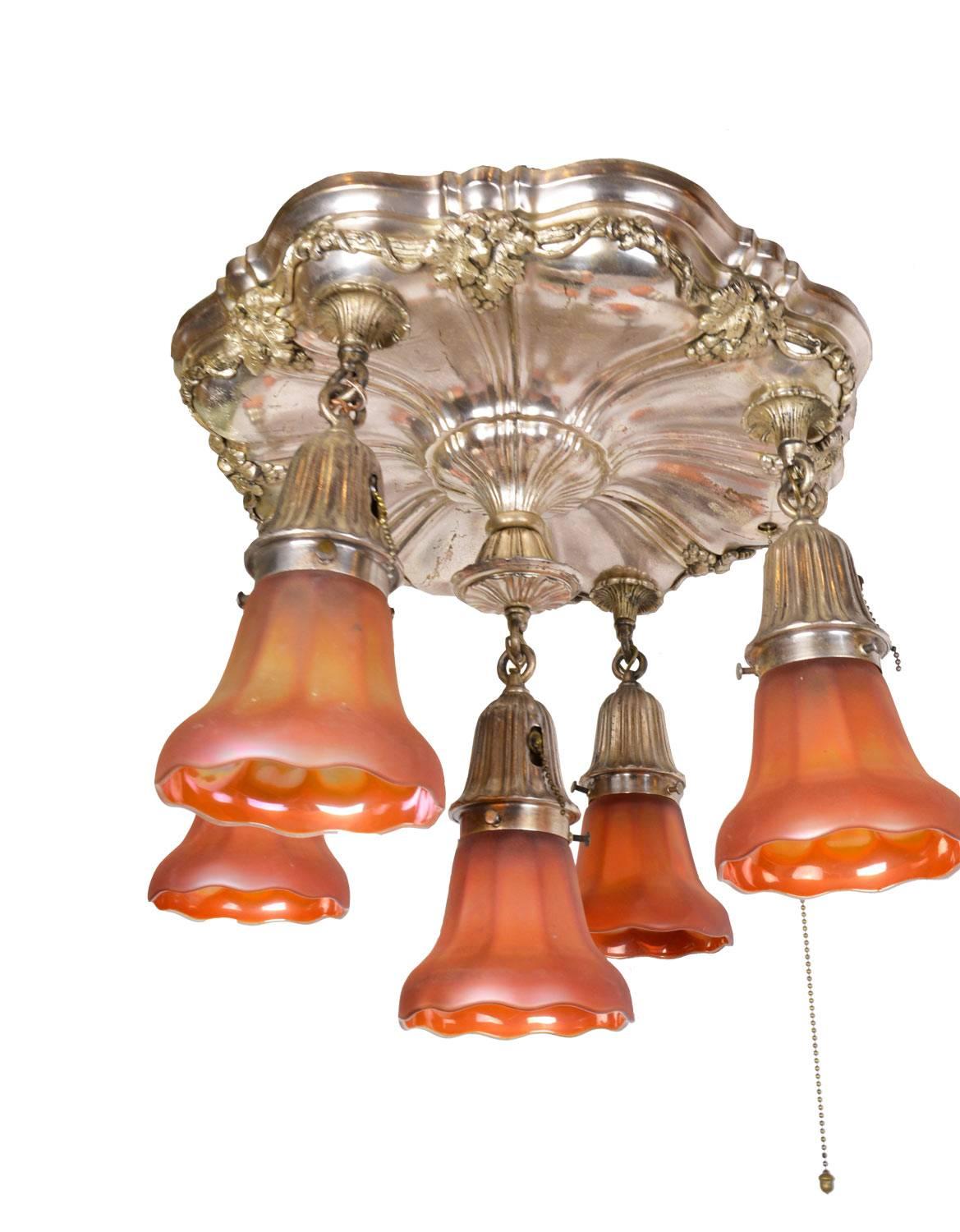 American Stunning Silver Plated Five-Light Chandelier with Carnival Glass Shades