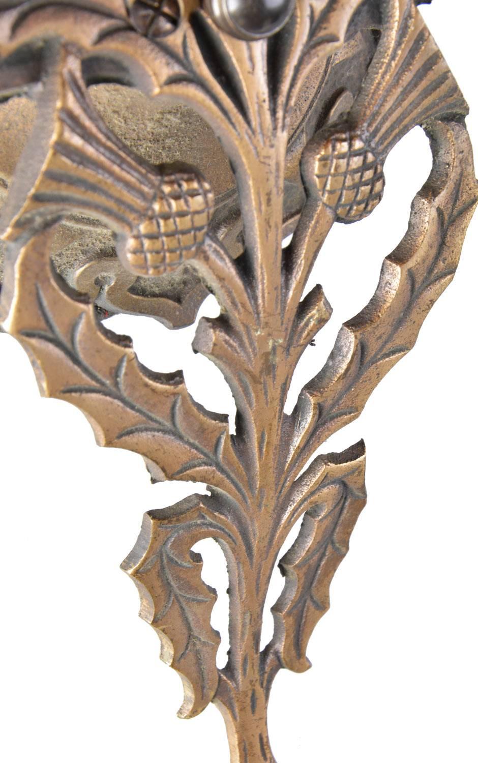 Gothic Revival Cast Bronze Two-Candle Sconce with Shield and Thistle Motif, circa 1925