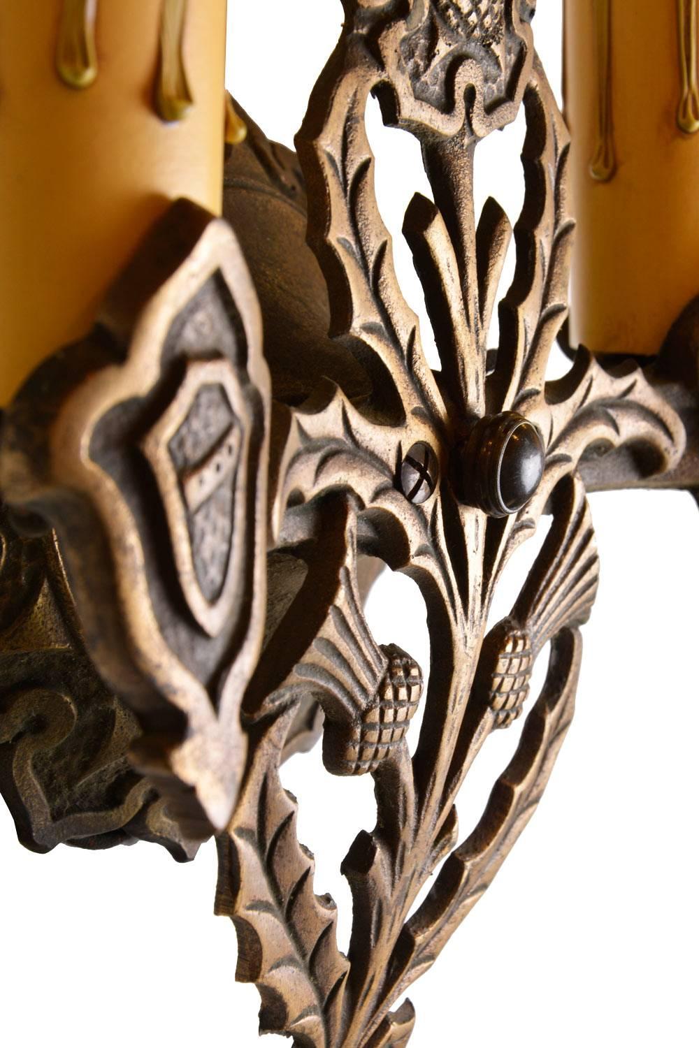 American Cast Bronze Two-Candle Sconce with Shield and Thistle Motif, circa 1925