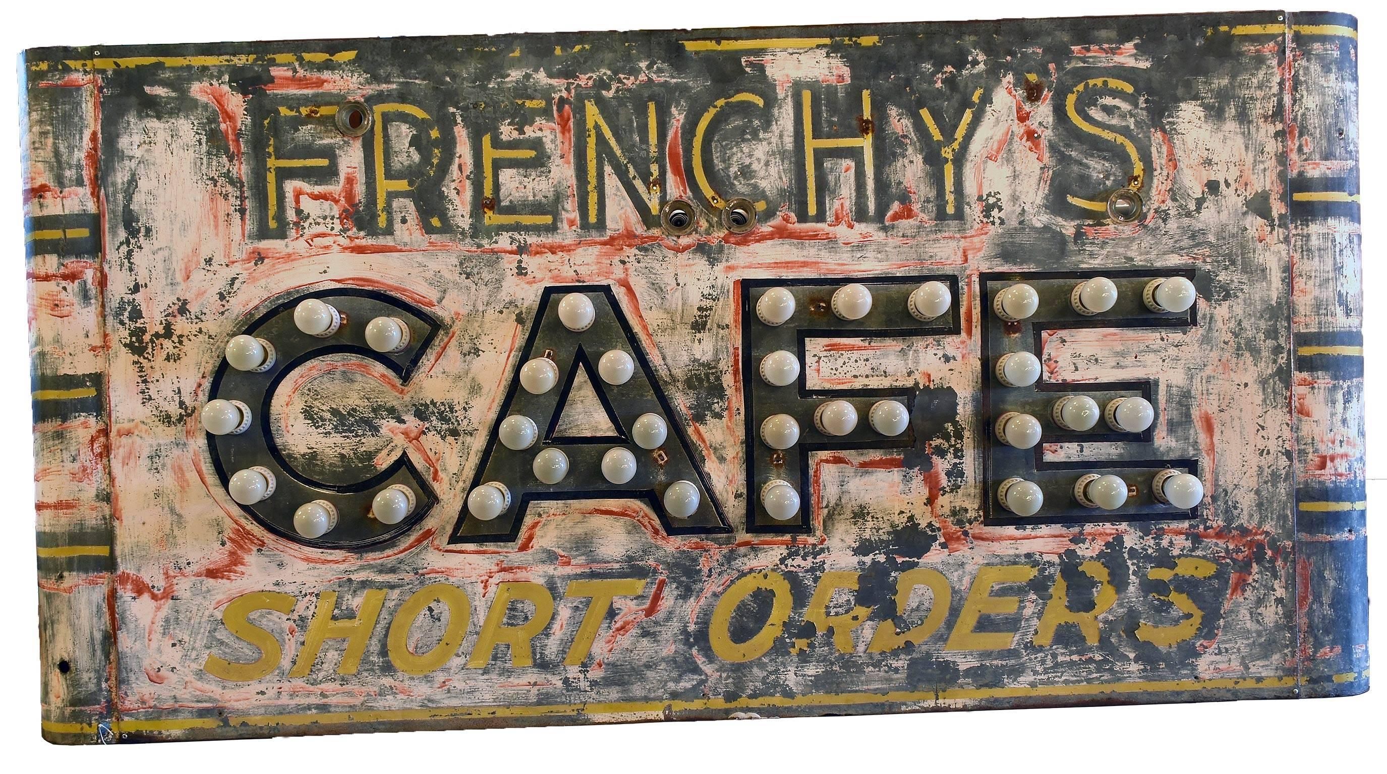 American 1930s Frenchy's Cafe Sign with Marquee Bulbs, Perfect Patina