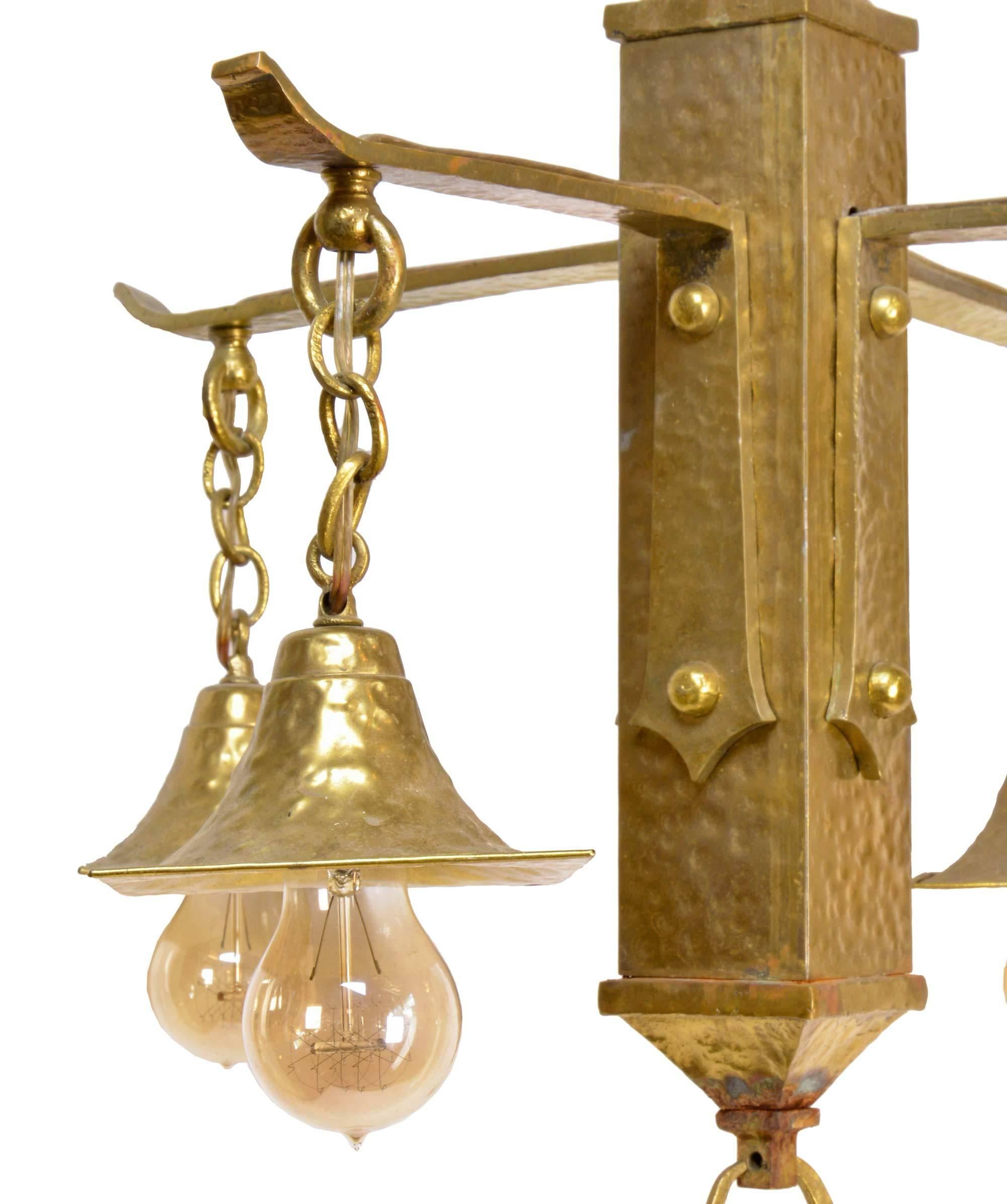 Arts and Crafts Early 20th Century Hammered Arts & Crafts Four-Arm Chandelier in Brass