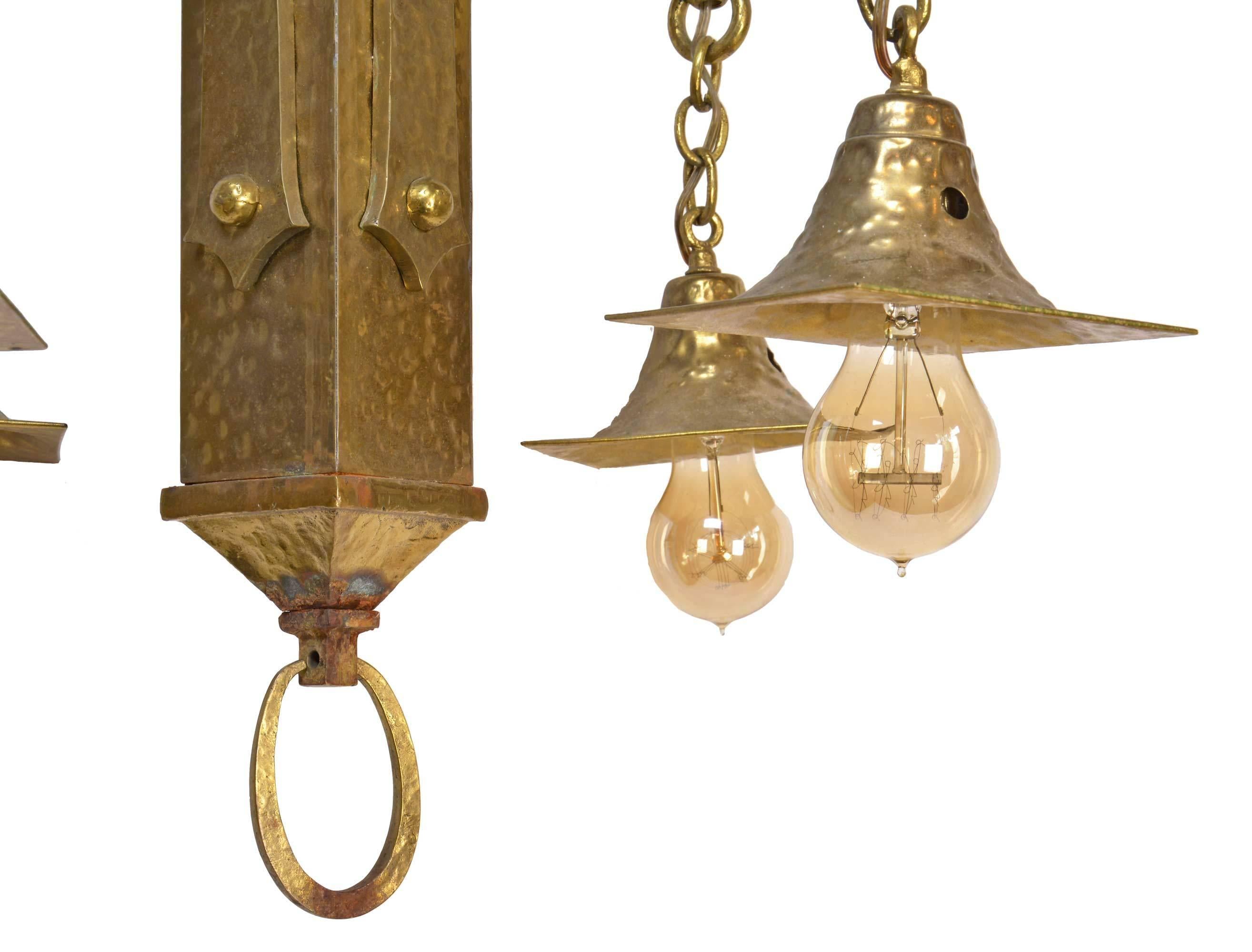American Early 20th Century Hammered Arts & Crafts Four-Arm Chandelier in Brass