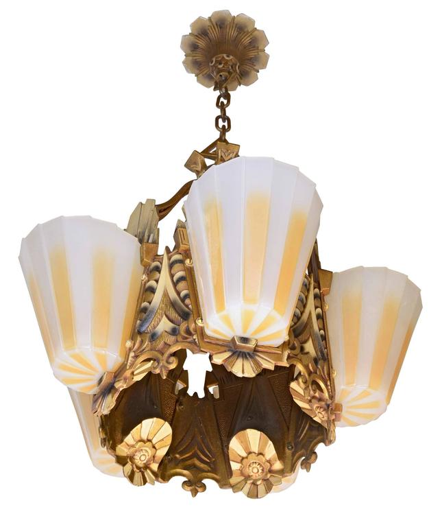 Williamson Beardslee Art Deco Slipper Shade Chandelier Circa 1928 This Iron Five Light Slipper Shade Chandelier Has An Original Polychrome Finish And