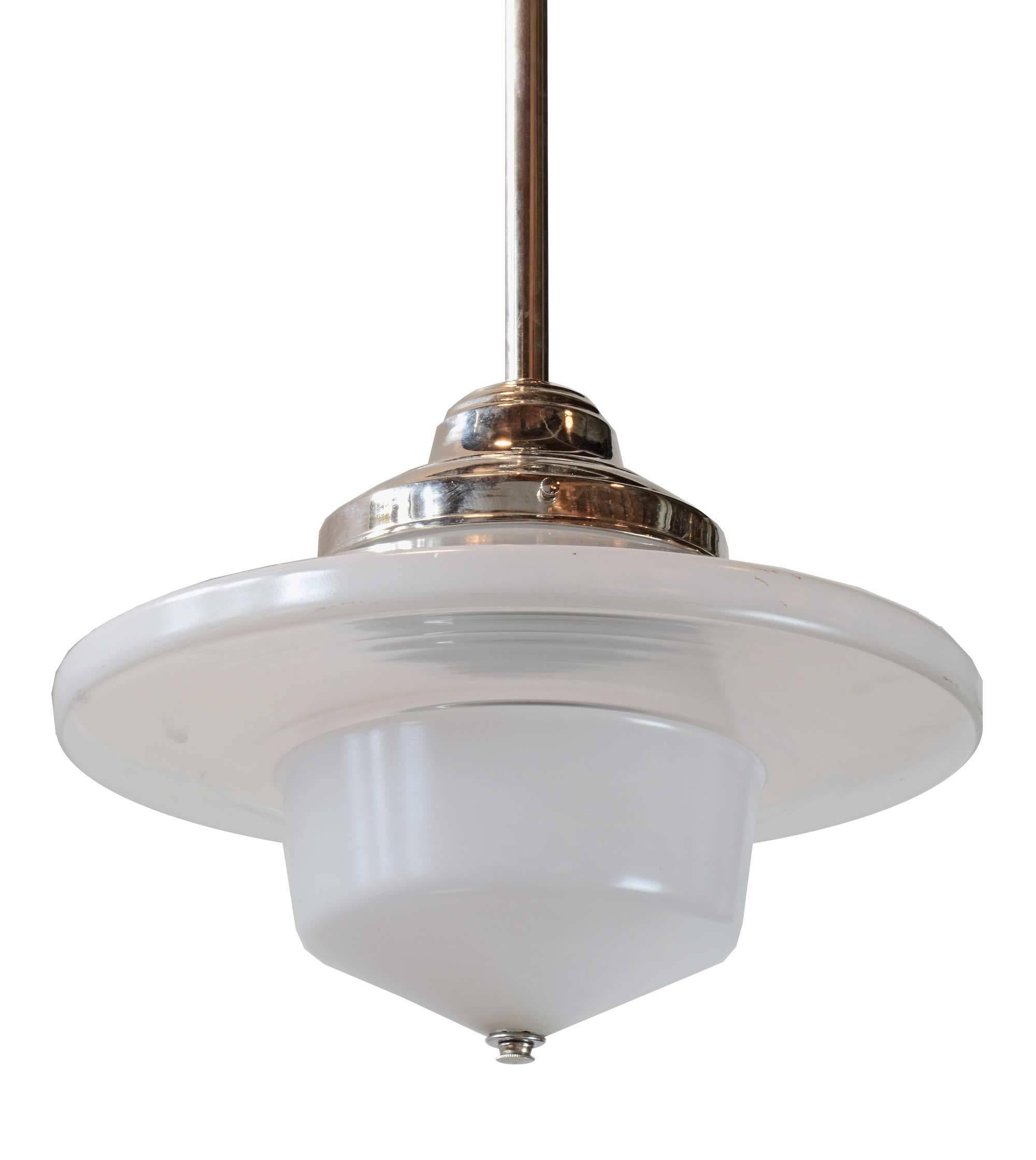 Industrial Early American Translucent White and Clear Glass Shade with Chrome Pendant