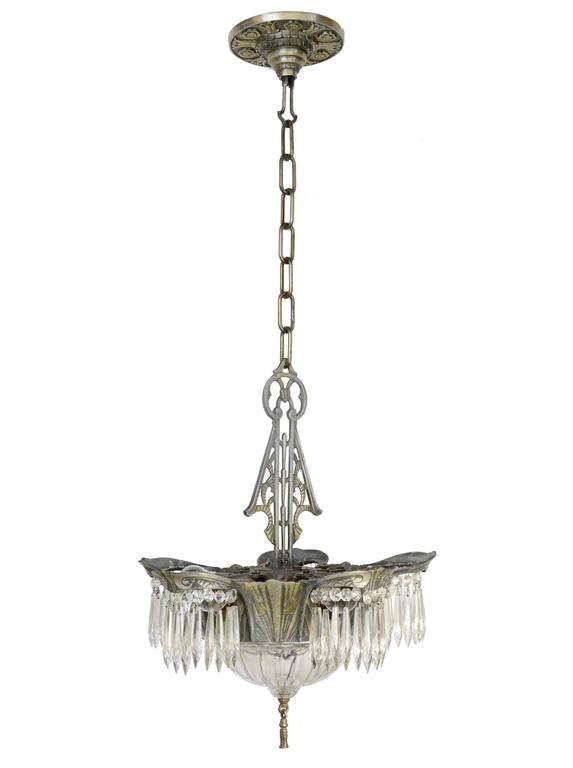 Lincoln Lighting Co Silver Plated Art Deco Chandelier With Crystals This Silver Art Deco Chandelier Made By Lincoln Lighting Company Has Five Lights Surrounding The Cut