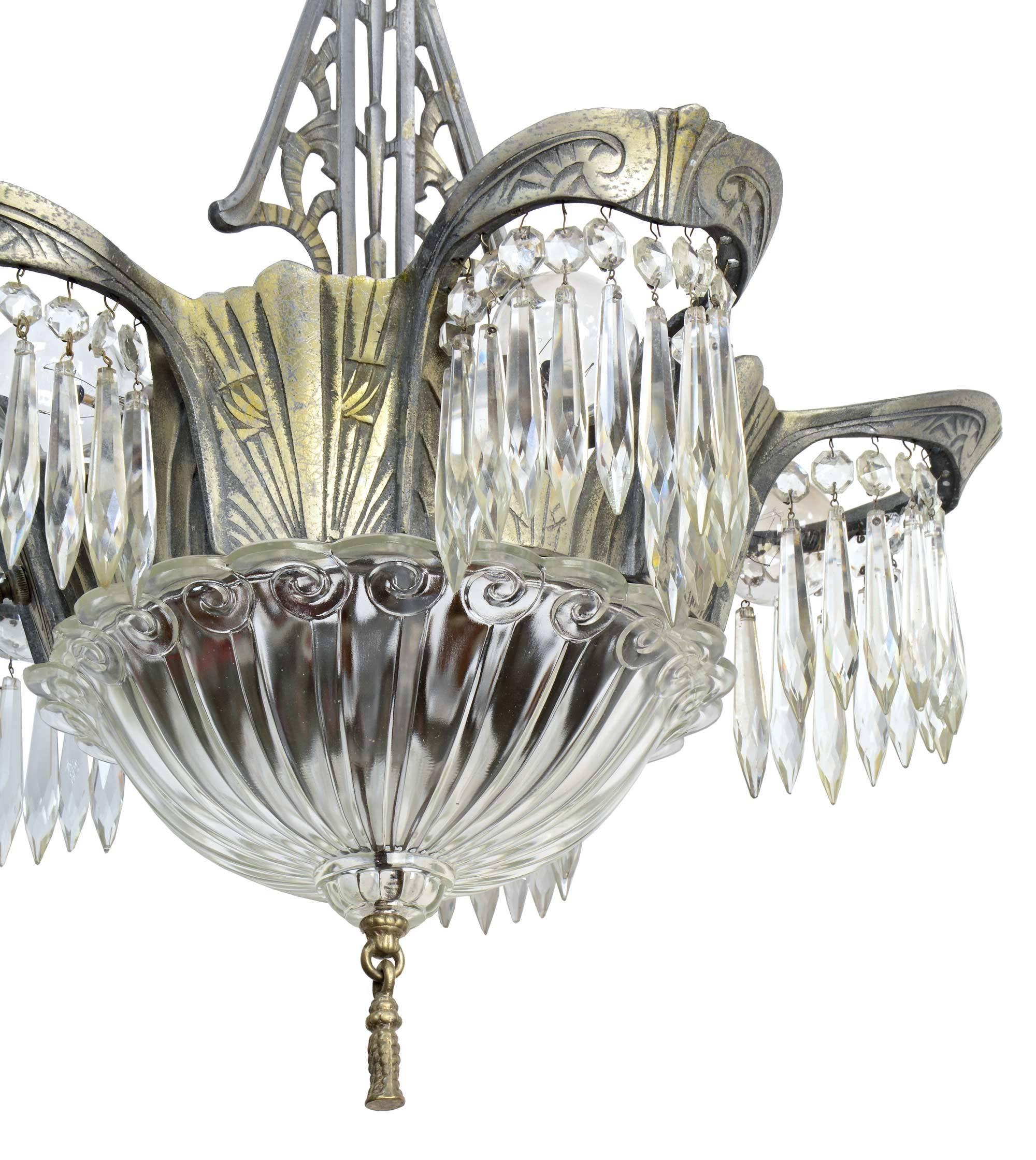 Cast Lincoln Lighting Co. Silver Plated Art Deco Chandelier with Crystals, circa 1930