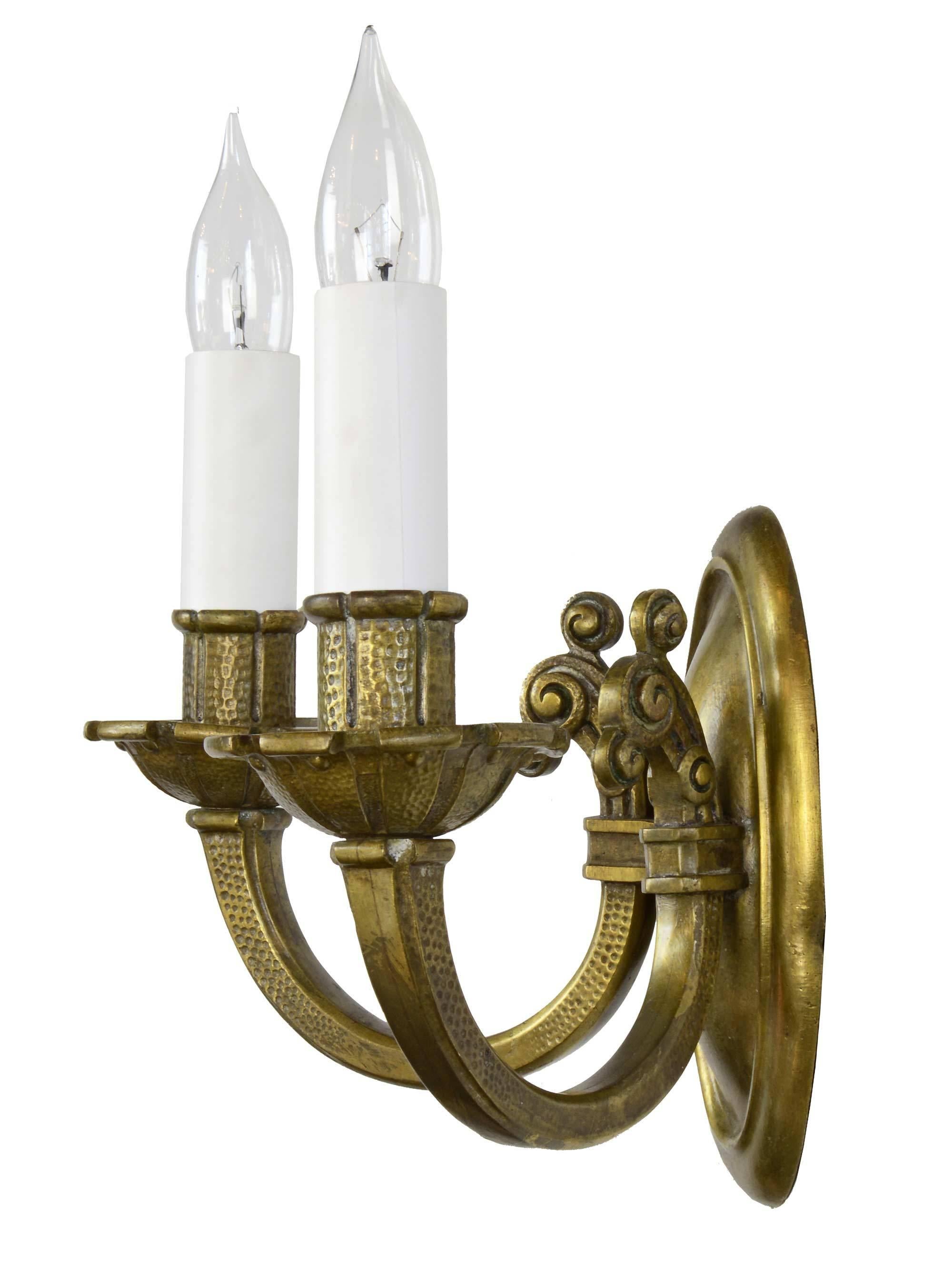 American Handsome Two-Arm Hammered Cast Brass Sconce For Sale