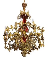Ornate Brass and Cranberry Glass Converted Gas Fixture, circa 1880