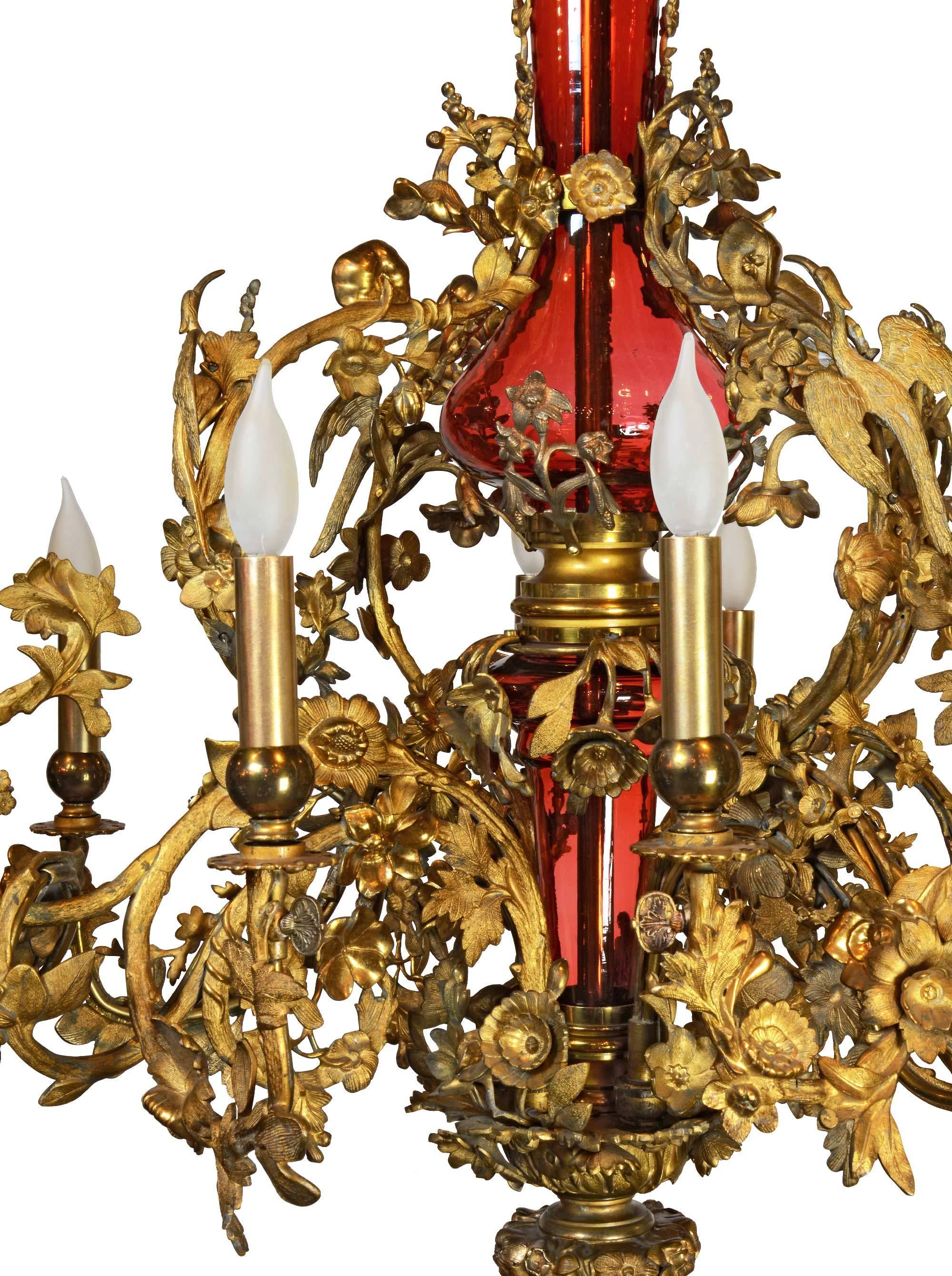 Ornate Brass and Cranberry Glass Converted Gas Fixture, circa 1880 In Good Condition For Sale In Minneapolis, MN