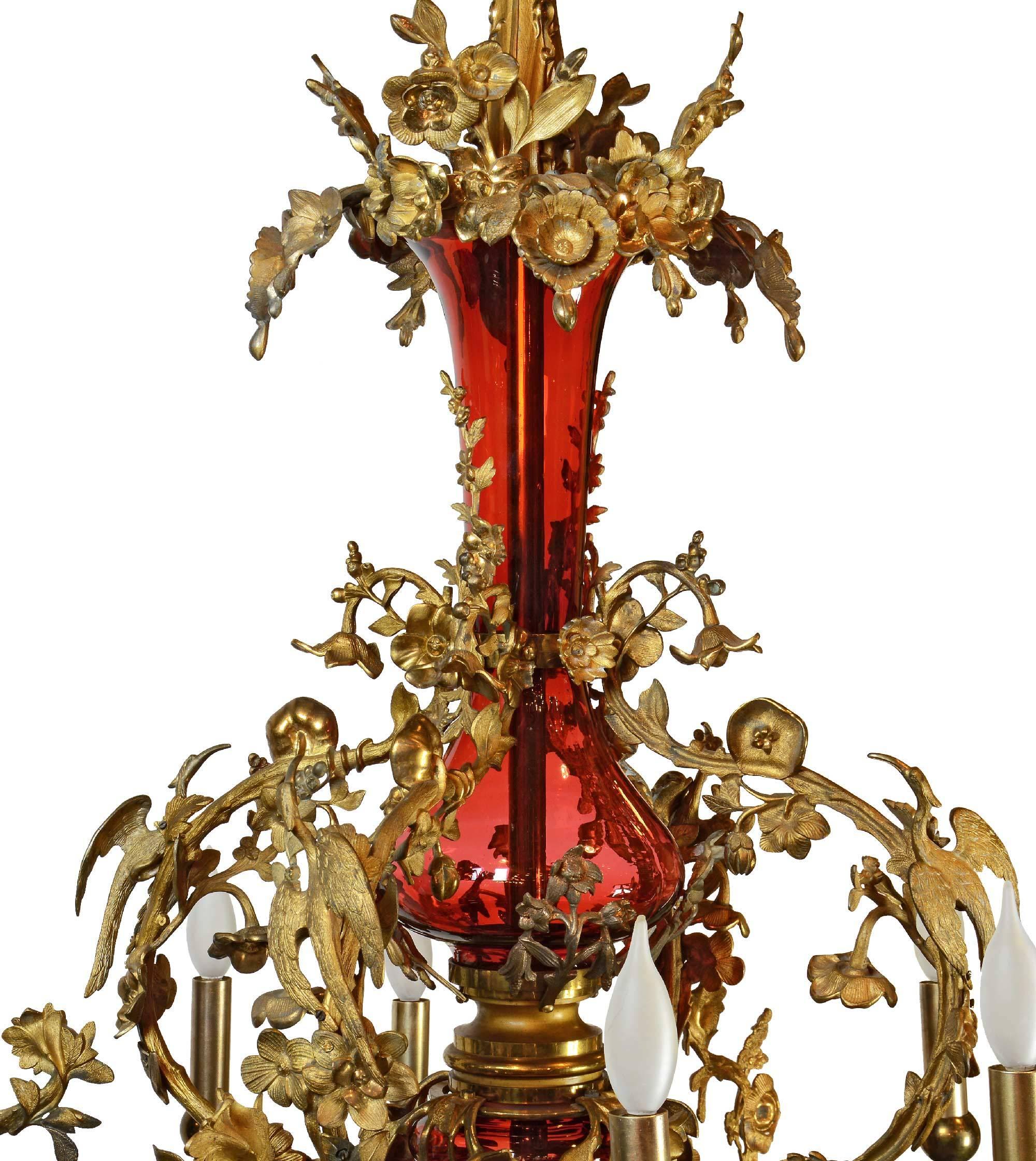 Ornate Brass and Cranberry Glass Converted Gas Fixture, circa 1880 For Sale 2