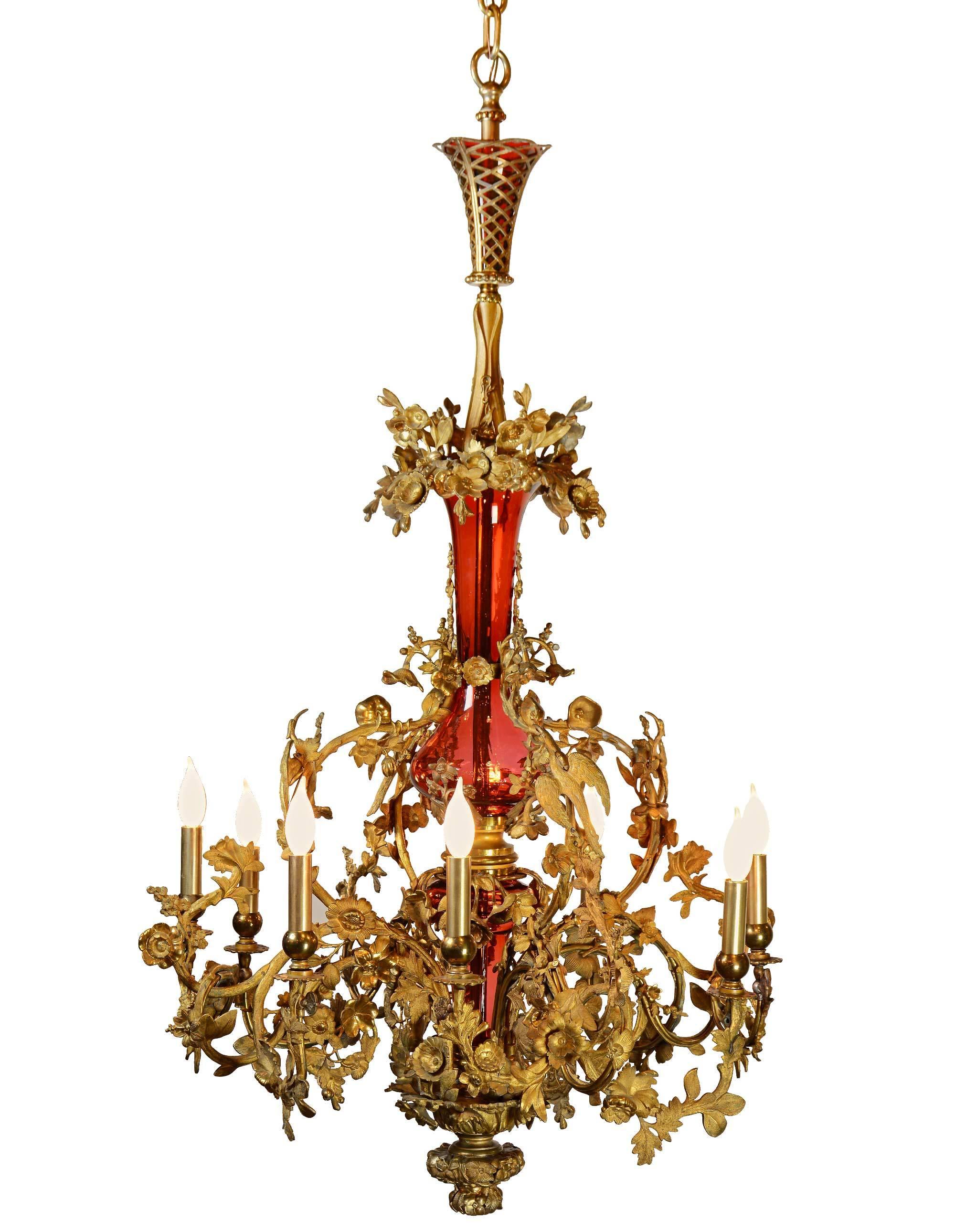 Ornate Brass and Cranberry Glass Converted Gas Fixture, circa 1880 For Sale 3