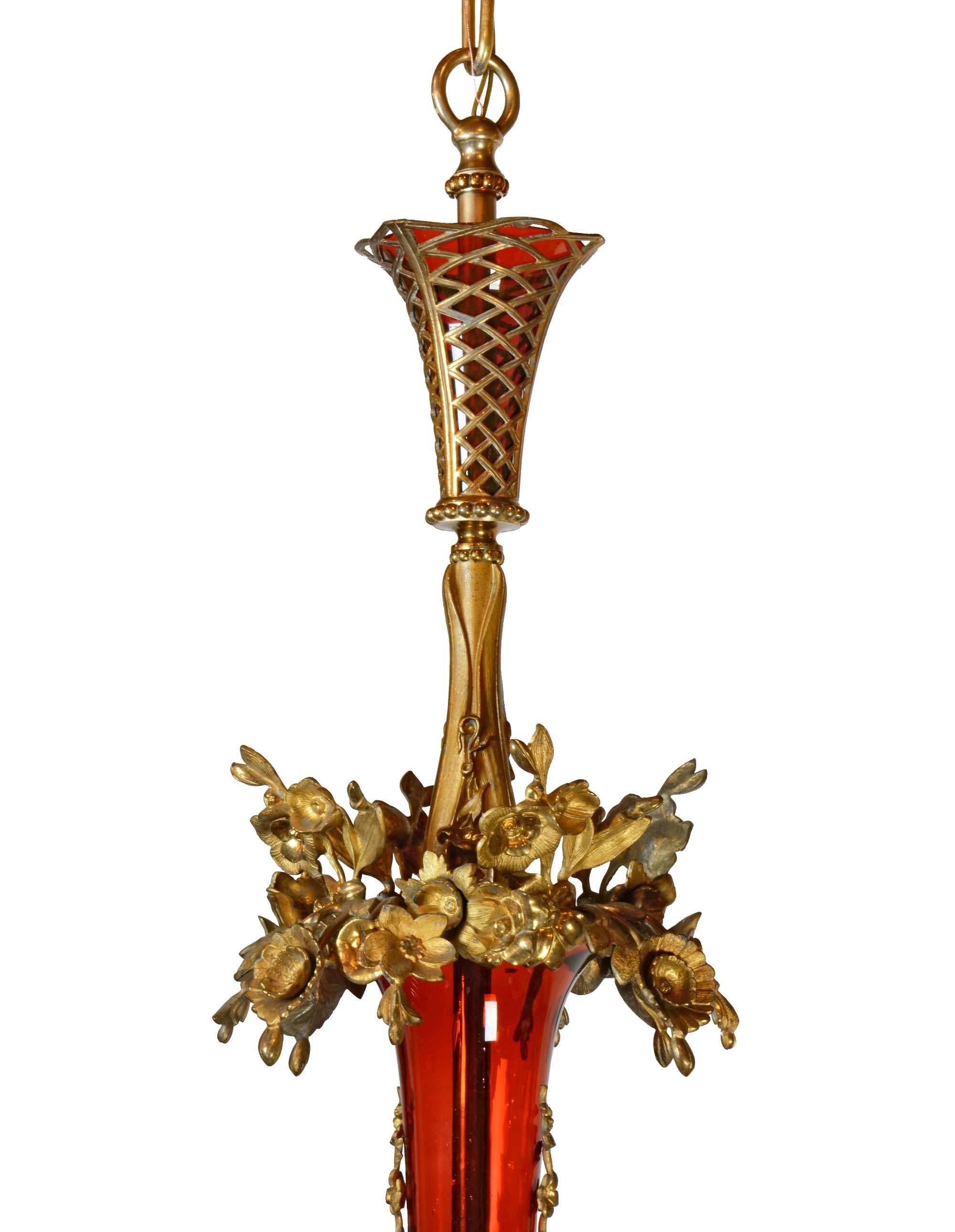 Ornate Brass and Cranberry Glass Converted Gas Fixture, circa 1880 For Sale 4