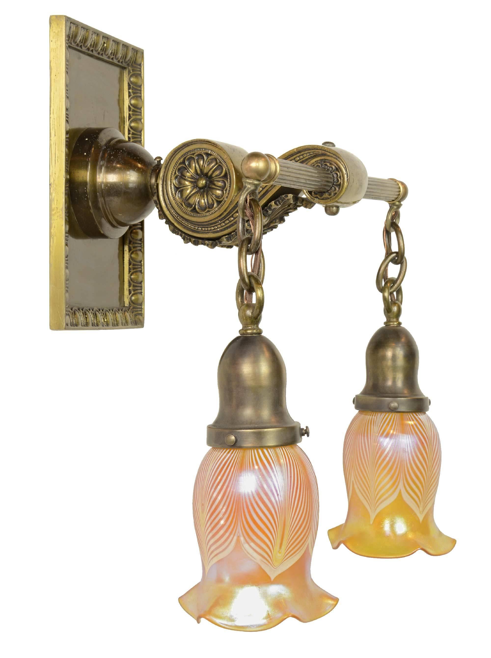 Cast Brass Sconce with Art Glass Shades, circa 1895 1