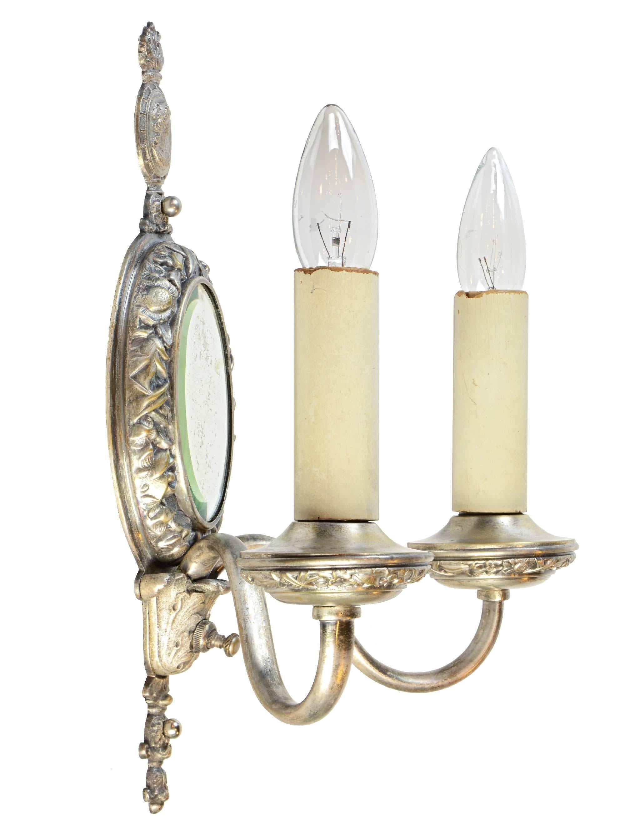 Two-Arm Silver Sconce with Mirror and Cameo In Good Condition For Sale In Minneapolis, MN