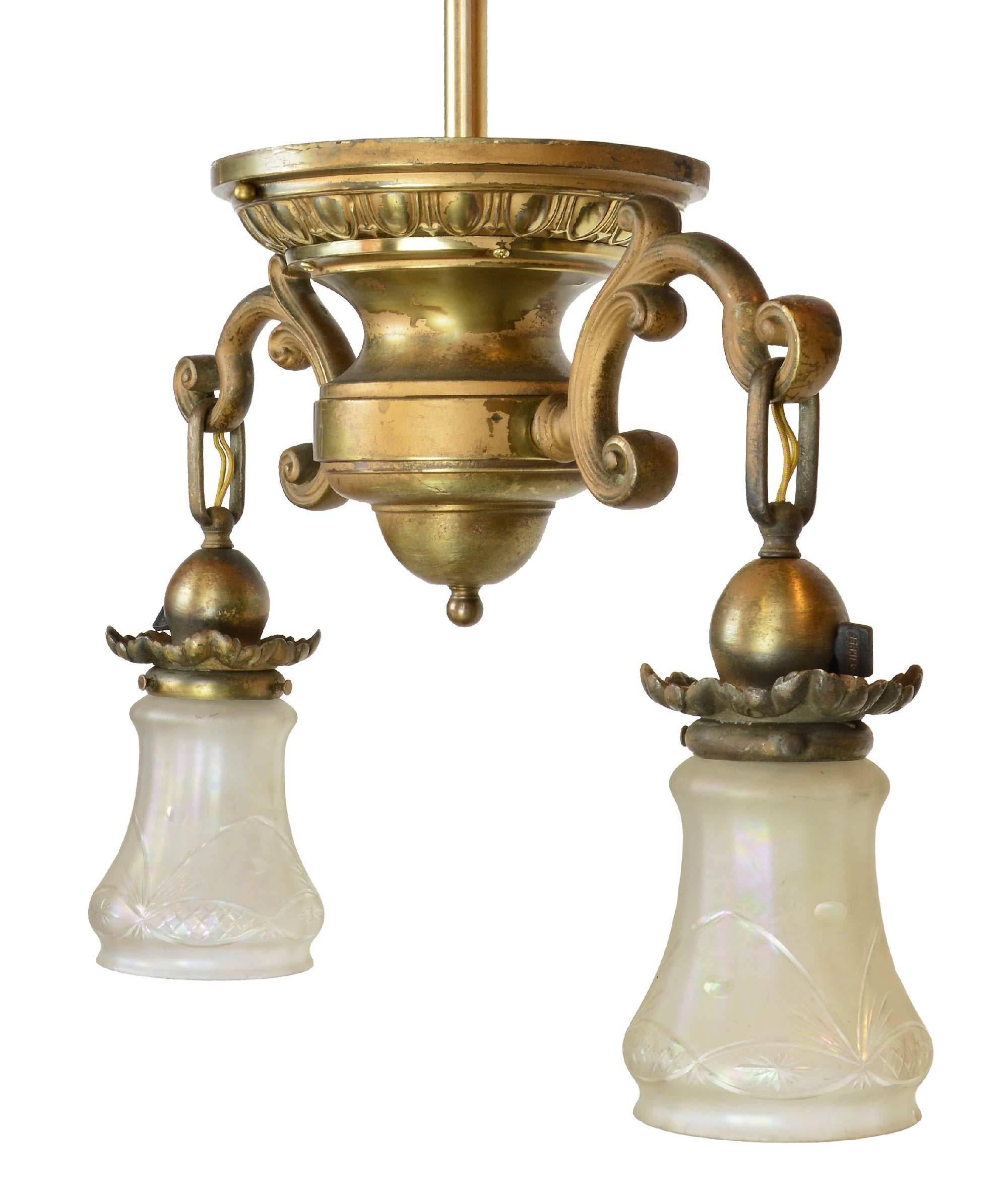 American Neoclassical Floral Two-Arm Brass Fixture, circa 1910 For Sale