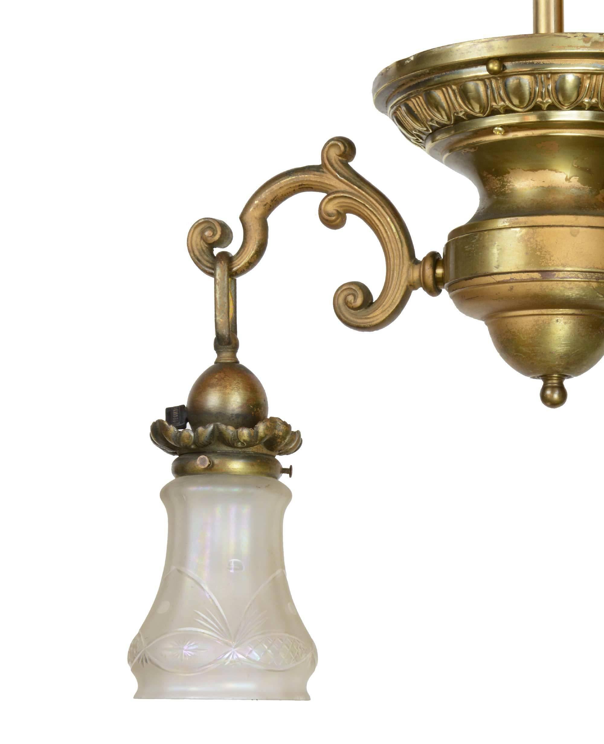 Neoclassical Floral Two-Arm Brass Fixture, circa 1910 In Good Condition For Sale In Minneapolis, MN