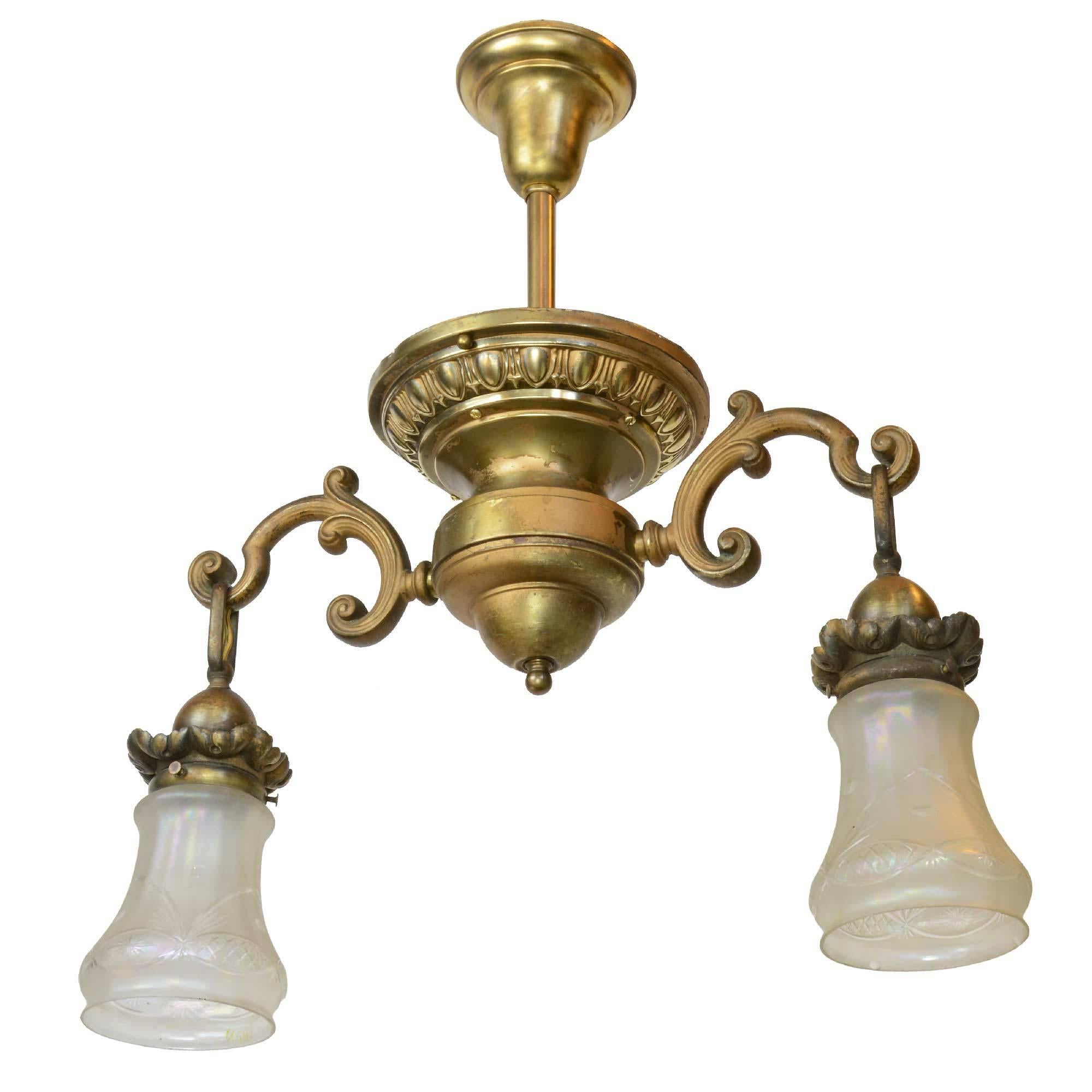 Early 20th Century Neoclassical Floral Two-Arm Brass Fixture, circa 1910 For Sale