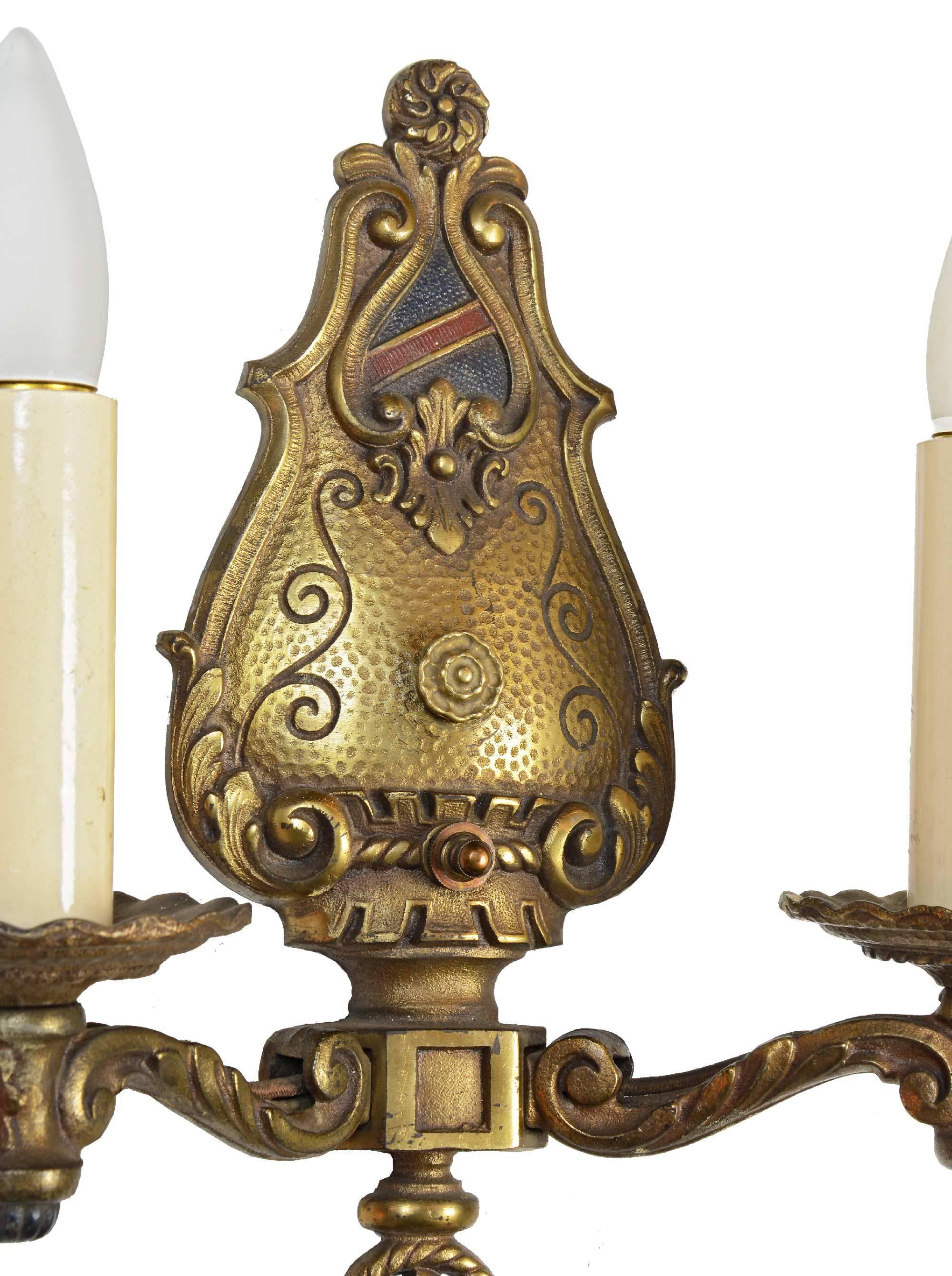 Cast Brass Two Arm Tudor Sconce - Two Available In Excellent Condition In Minneapolis, MN