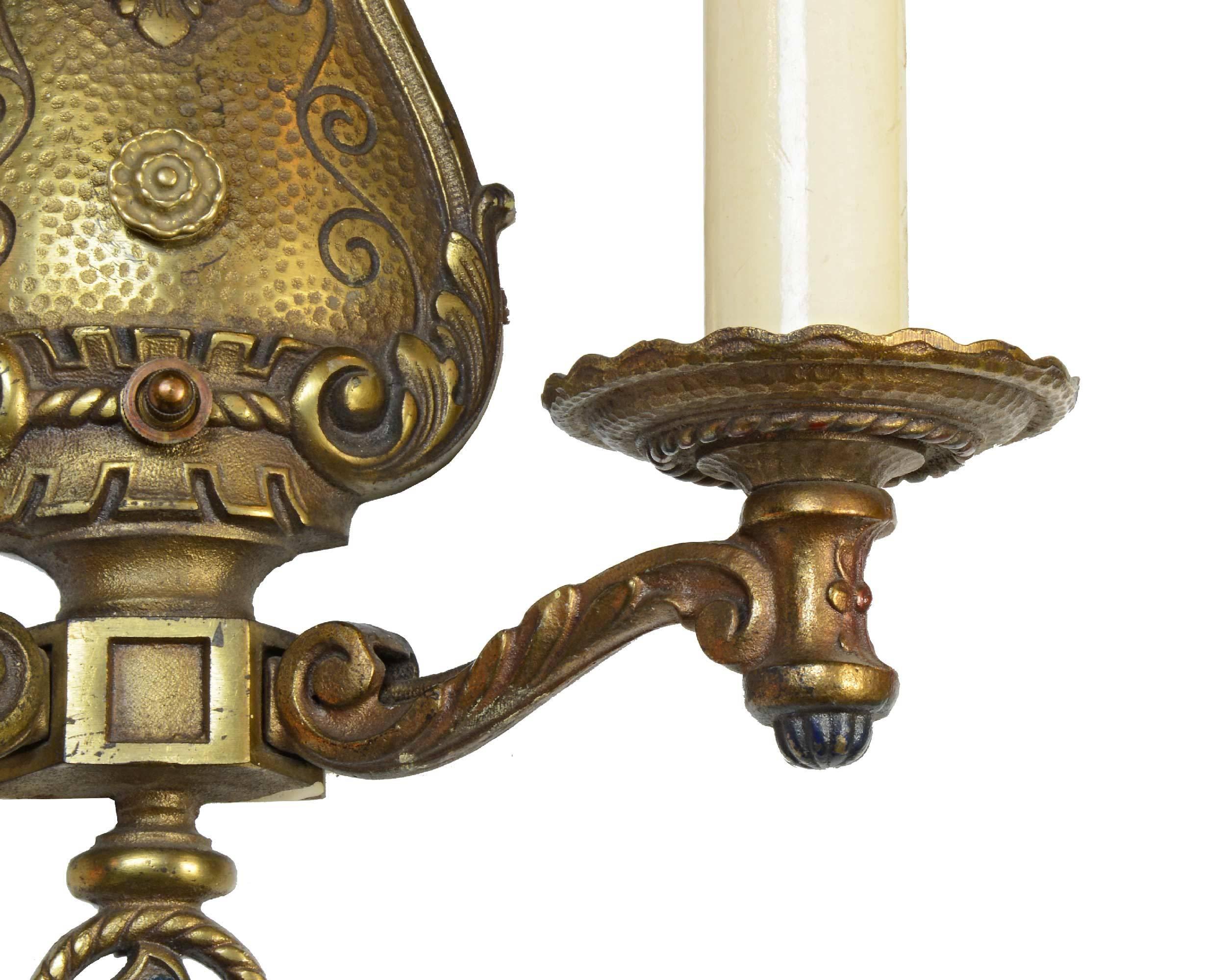 Early 20th Century Cast Brass Two Arm Tudor Sconce - Two Available