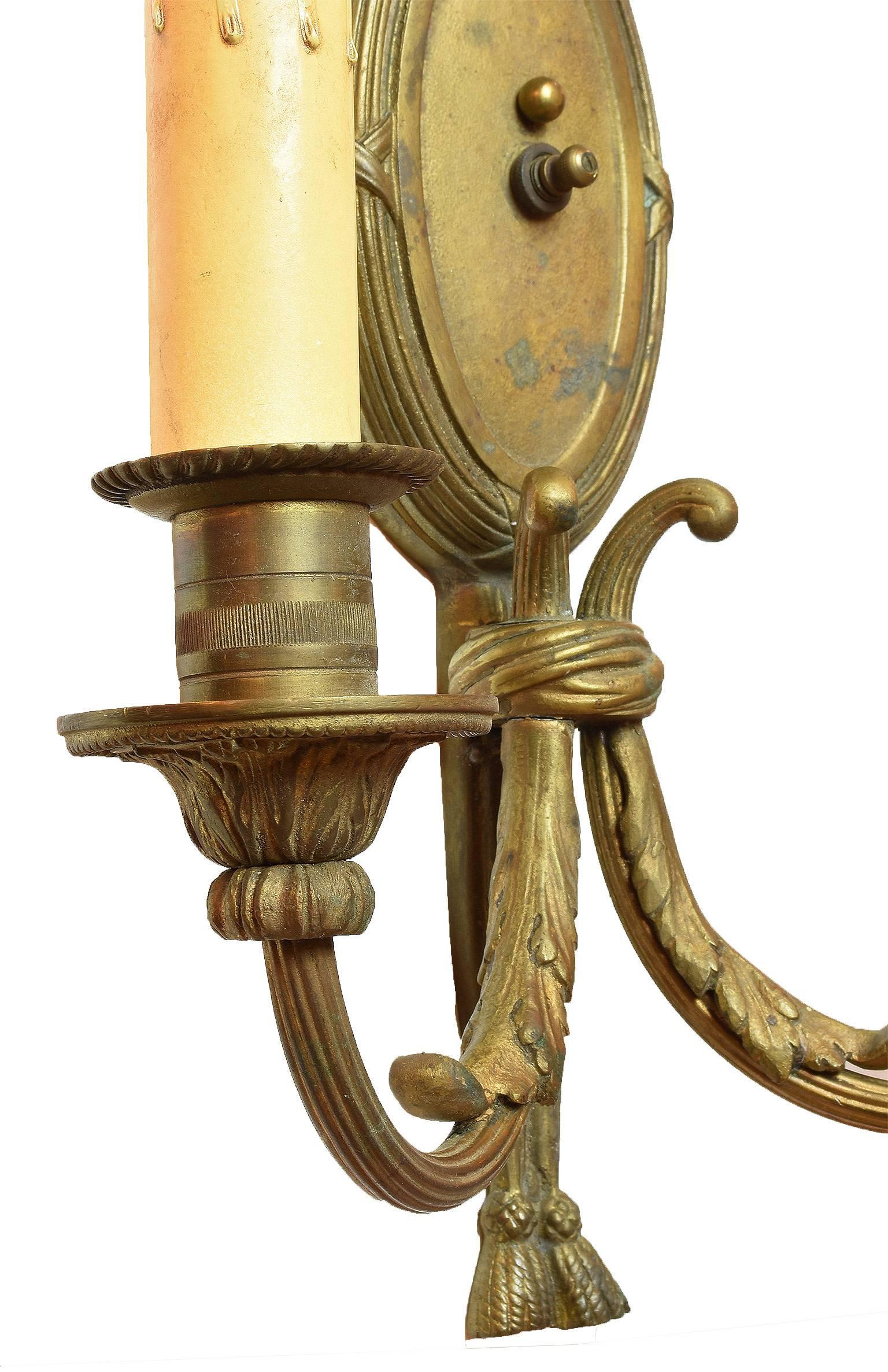 Cast Brass Two-Arm Early Federal Sconces In Good Condition In Minneapolis, MN
