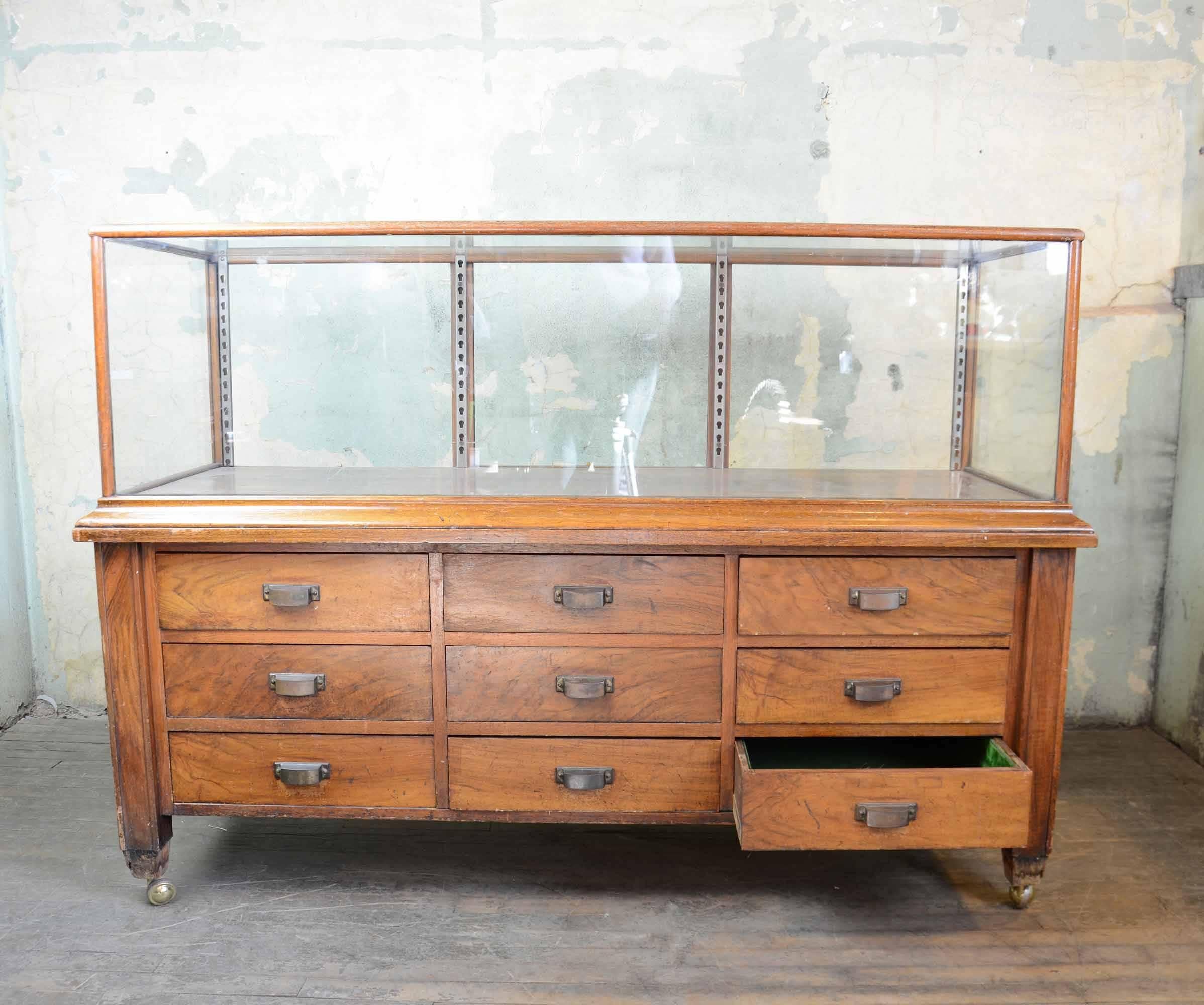 American Classical Handsome Wood Display Case with Cast Brass Hardware and Drawers
