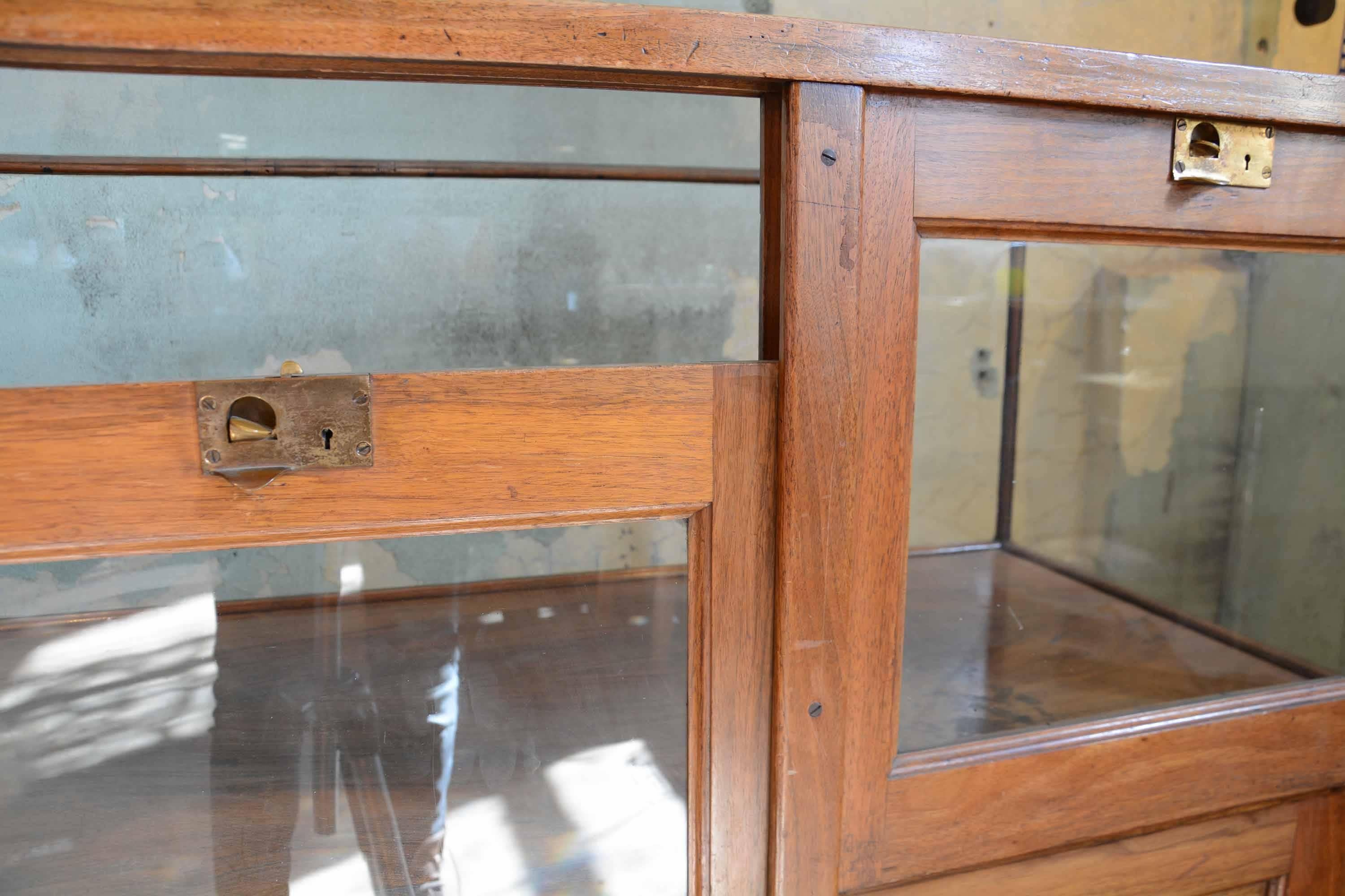 Handsome Wood Display Case with Cast Brass Hardware and Drawers In Excellent Condition In Minneapolis, MN