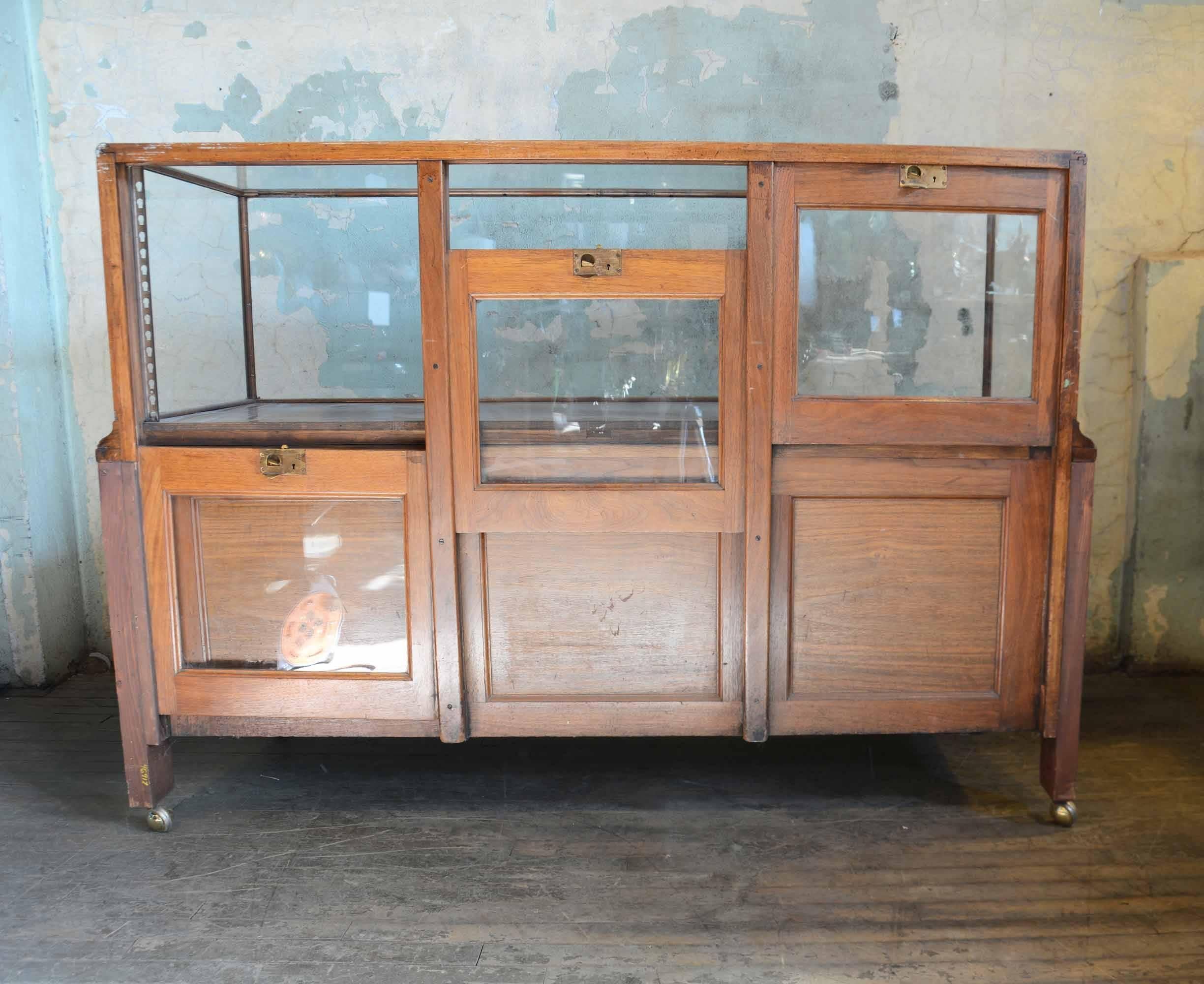 Early 20th Century Handsome Wood Display Case with Cast Brass Hardware and Drawers