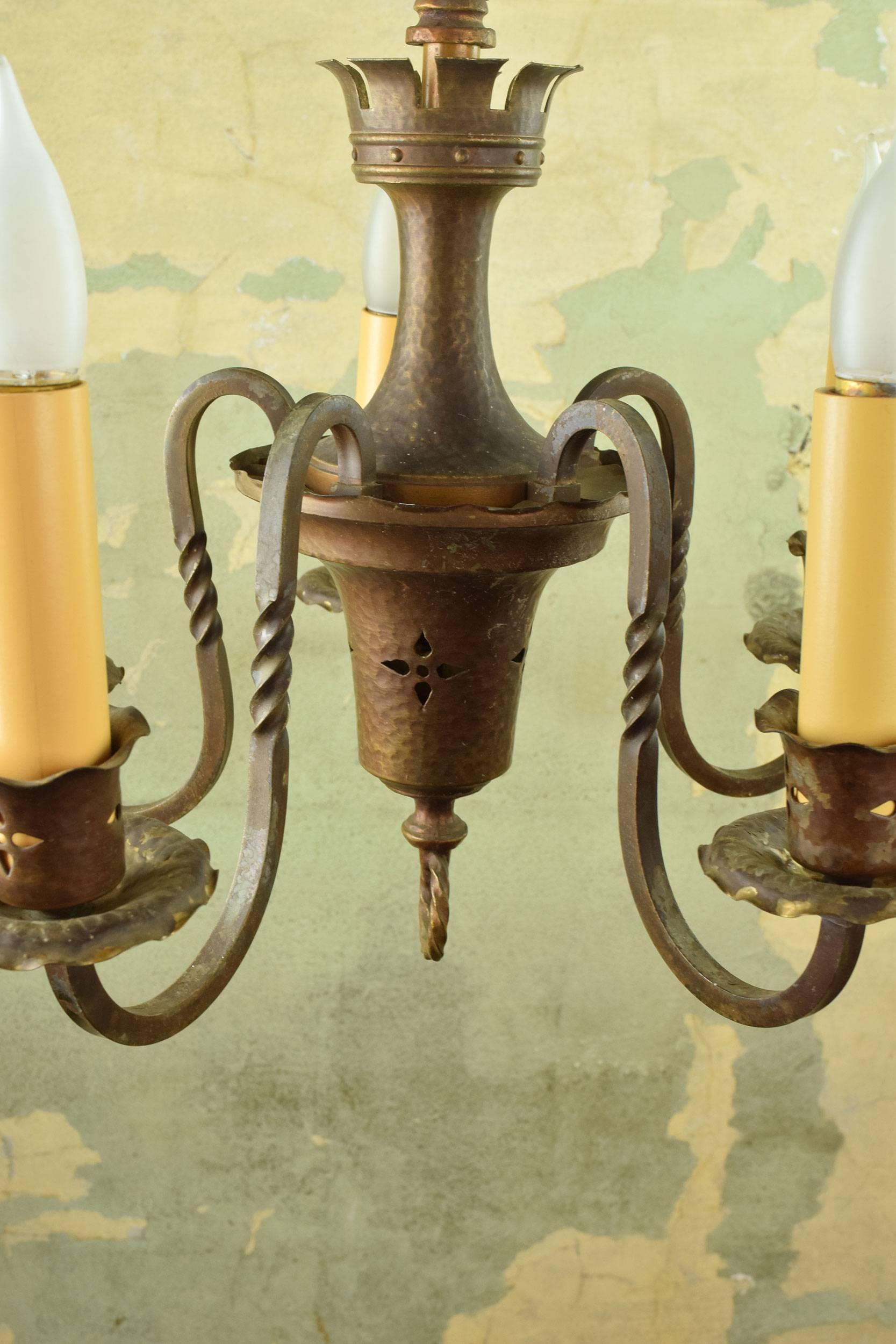 American Five Candle Roycroft Style Tudor Chandelier For Sale