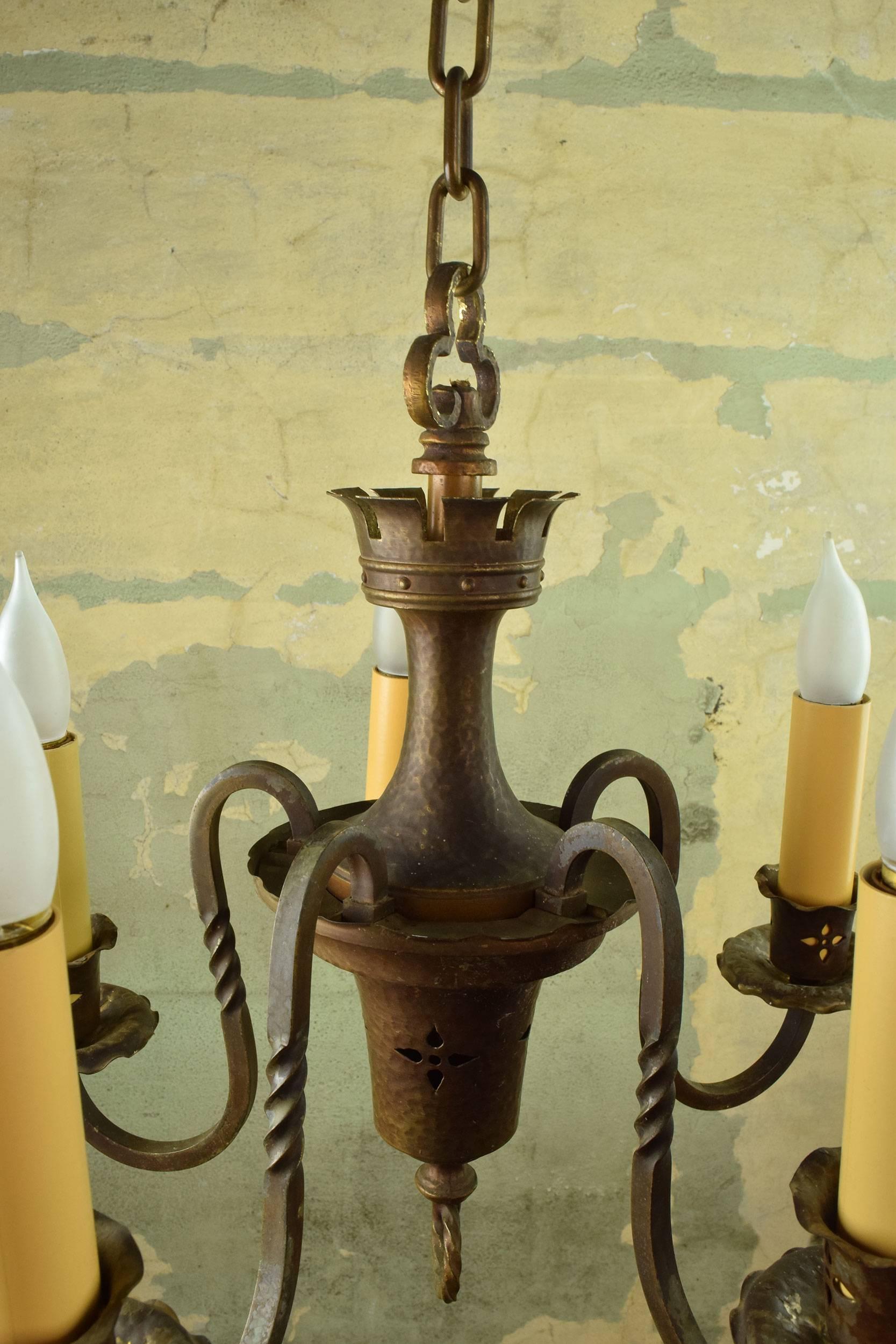 Early 20th Century Five Candle Roycroft Style Tudor Chandelier For Sale