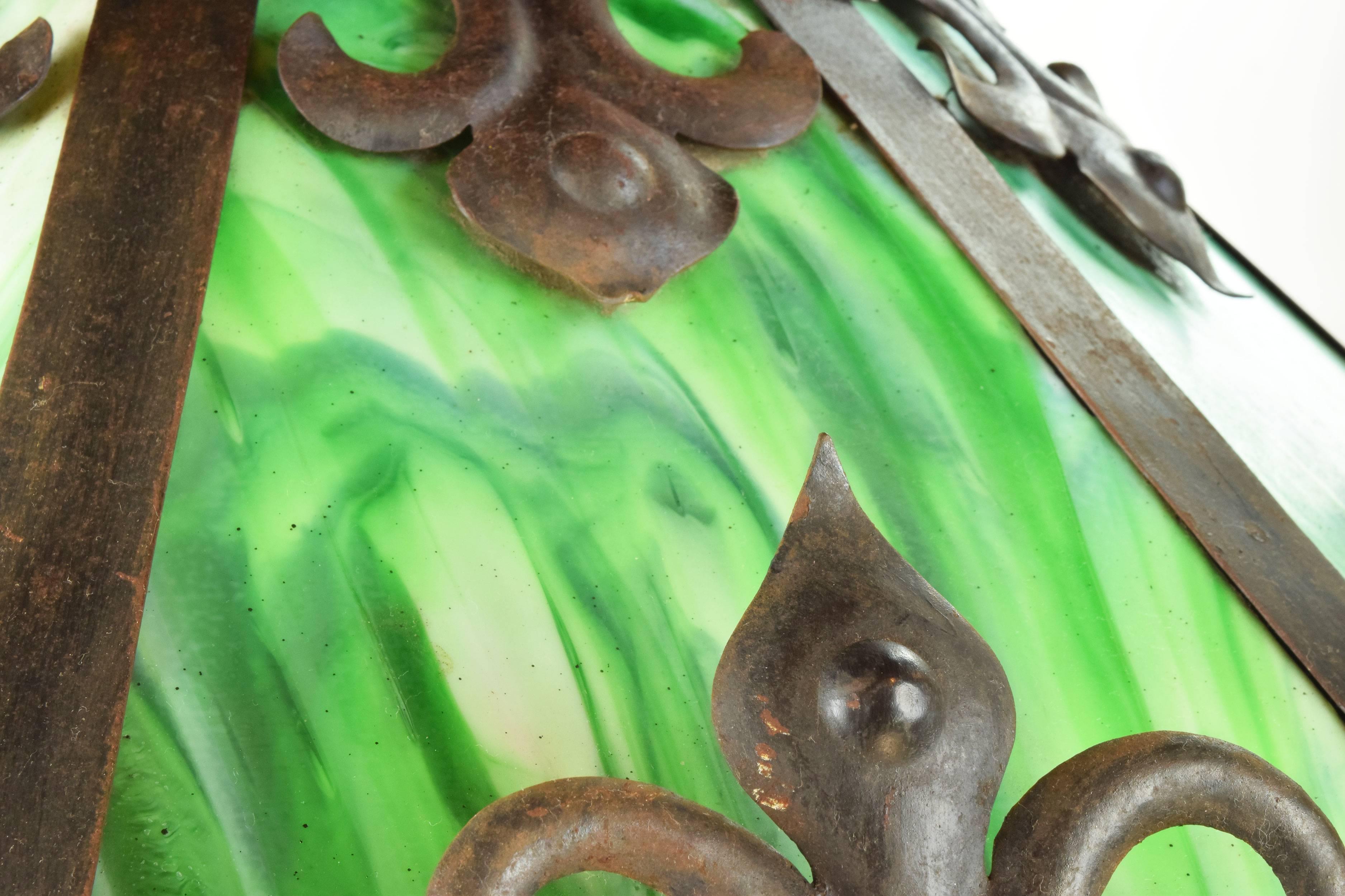 Green Slag Glass Iron Chandelier In Good Condition For Sale In Minneapolis, MN