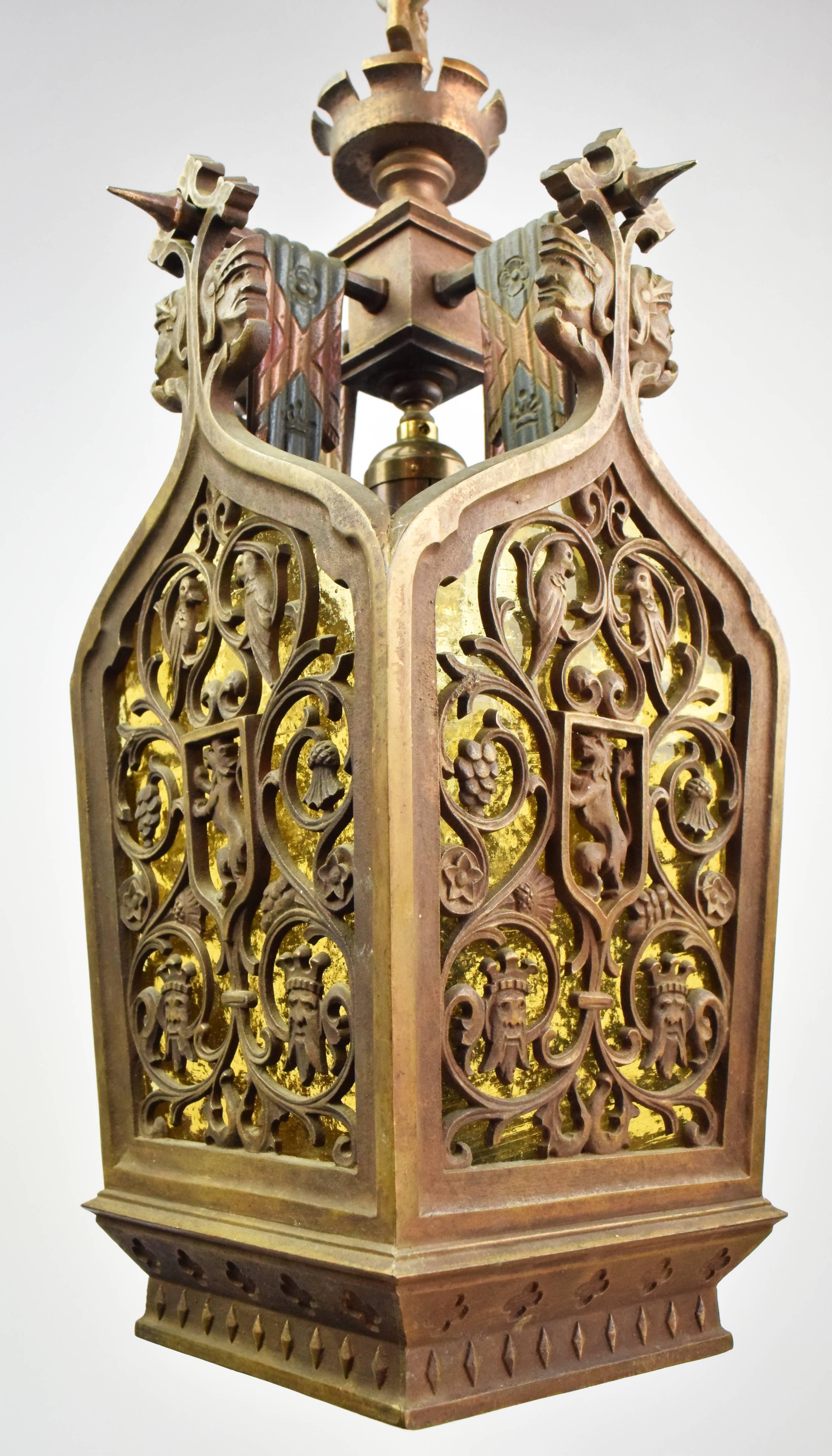 Cast Brass Tudor Pendant with Amber Glass 2