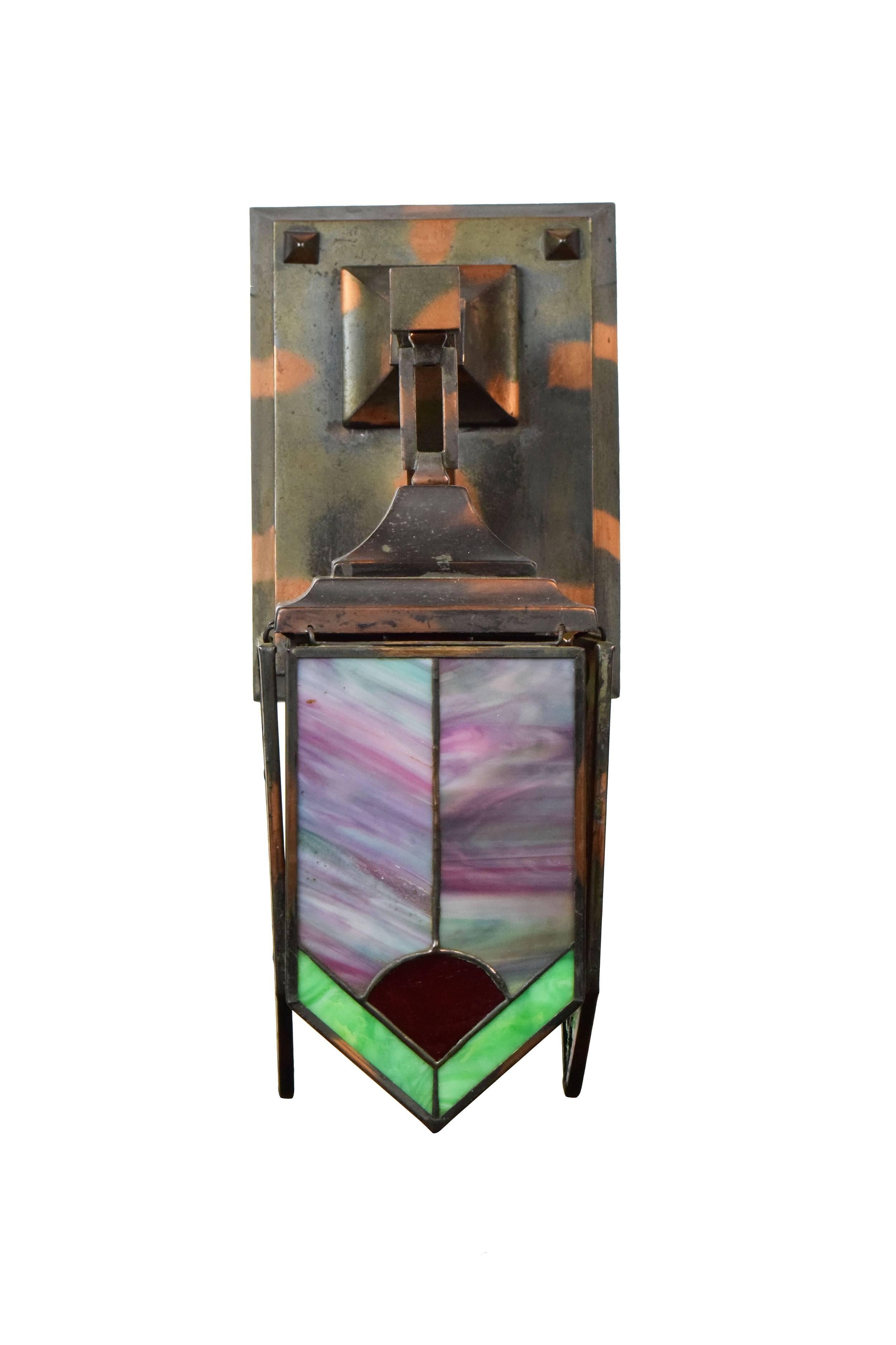 Gilt and Satin Mission Sconce with Stained Glass Panels In Good Condition In Minneapolis, MN
