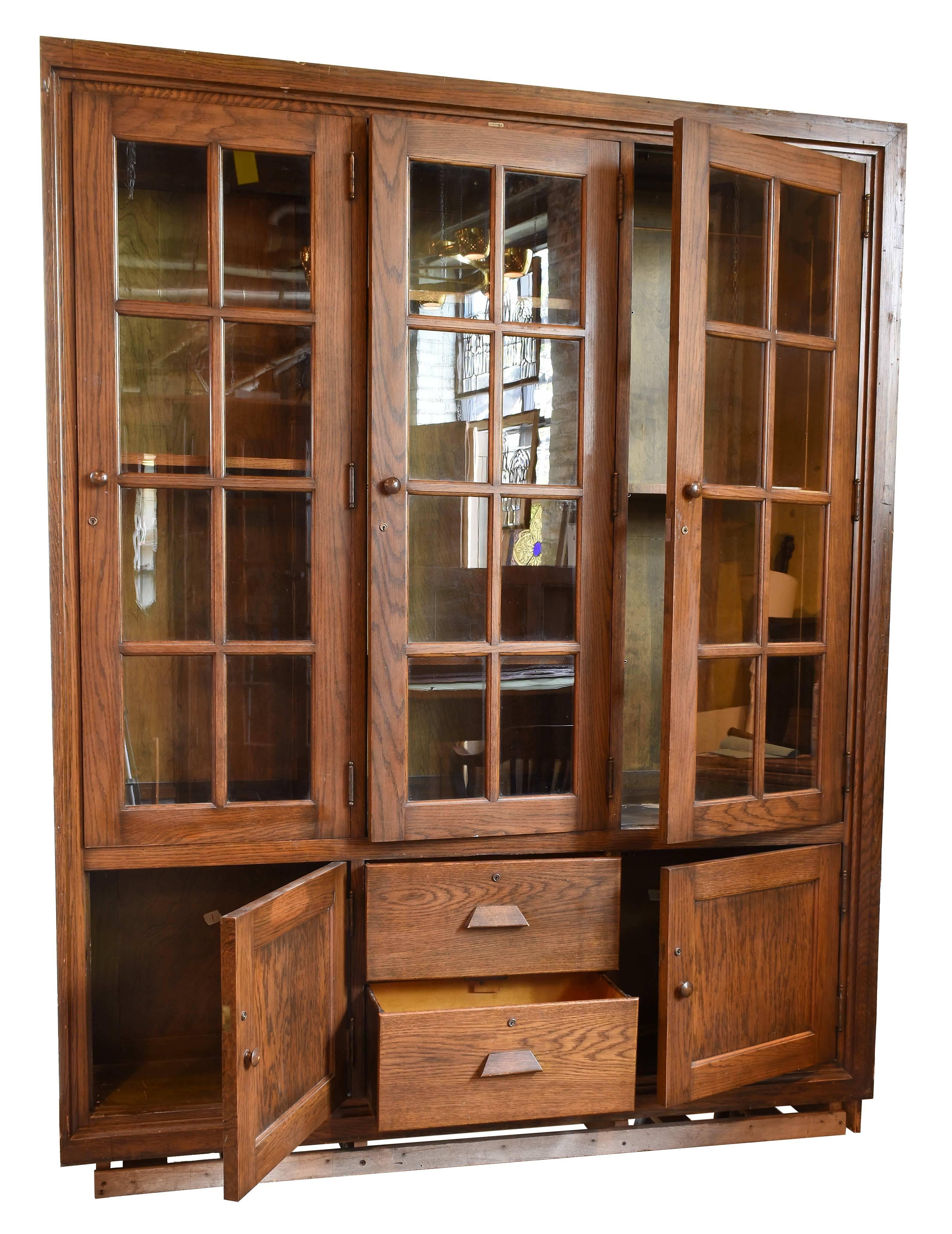 Arts and Crafts Fumed Oak Three-Door School Room Cabinet, circa 1917
