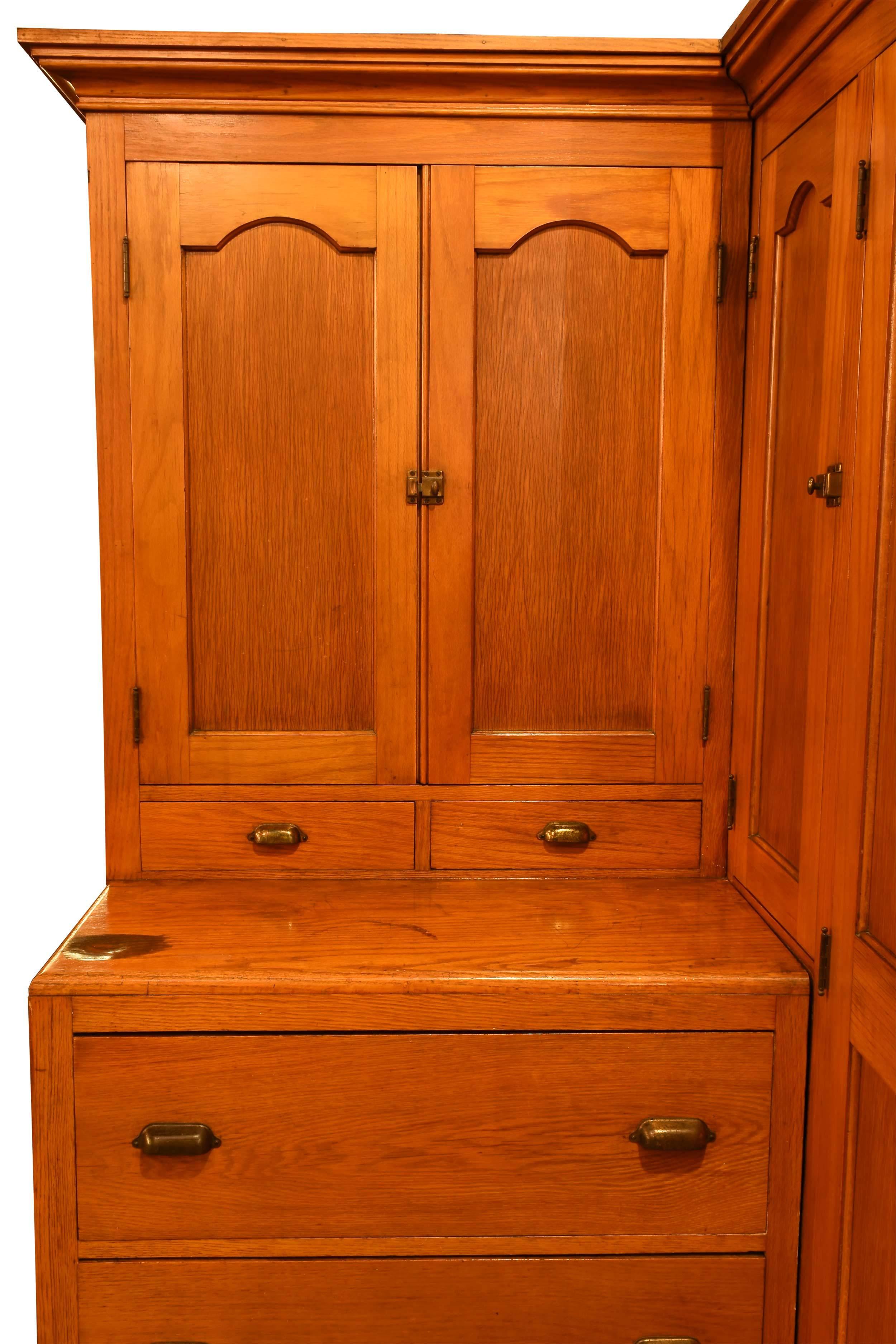Arts and Crafts Golden Oak Corner Locker Cabinet with Drawers, circa 1910