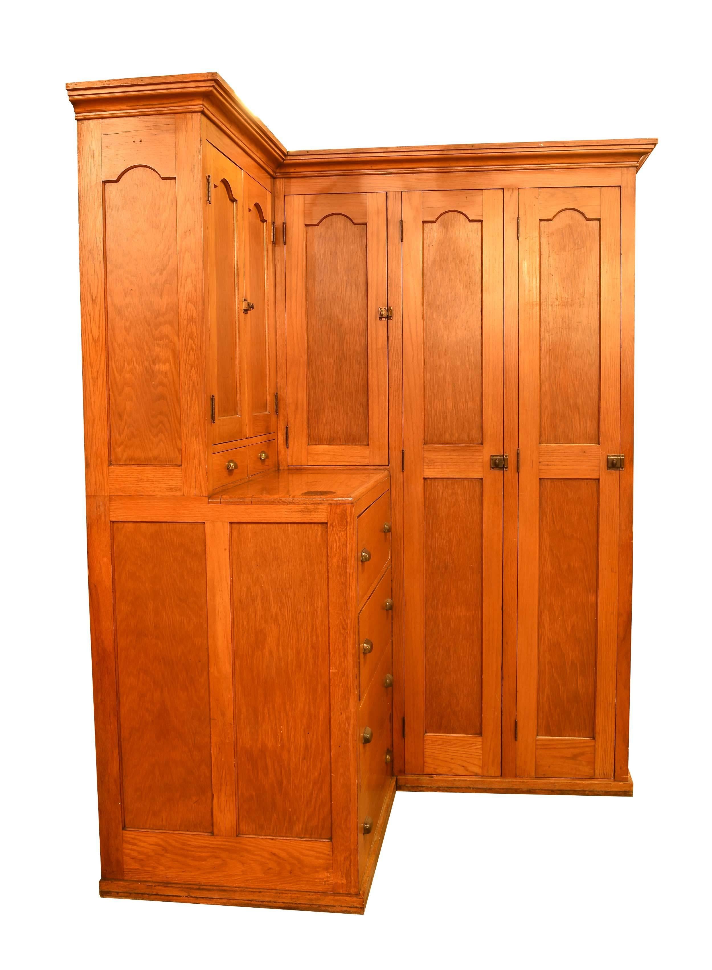 Golden Oak Corner Locker Cabinet with Drawers, circa 1910 In Excellent Condition In Minneapolis, MN
