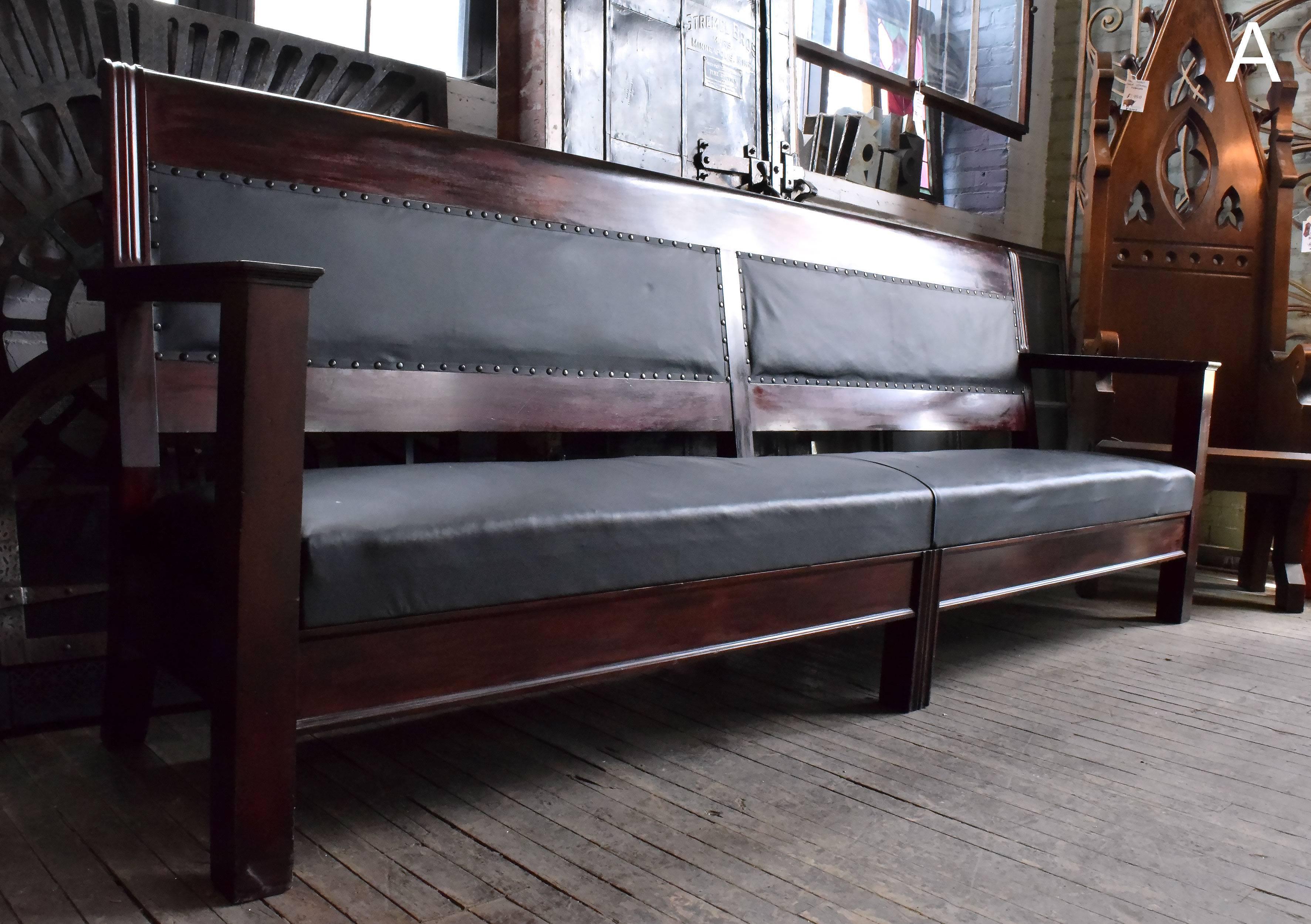 Early 20th Century Walnut Courthouse Bench with Leather Upholstery