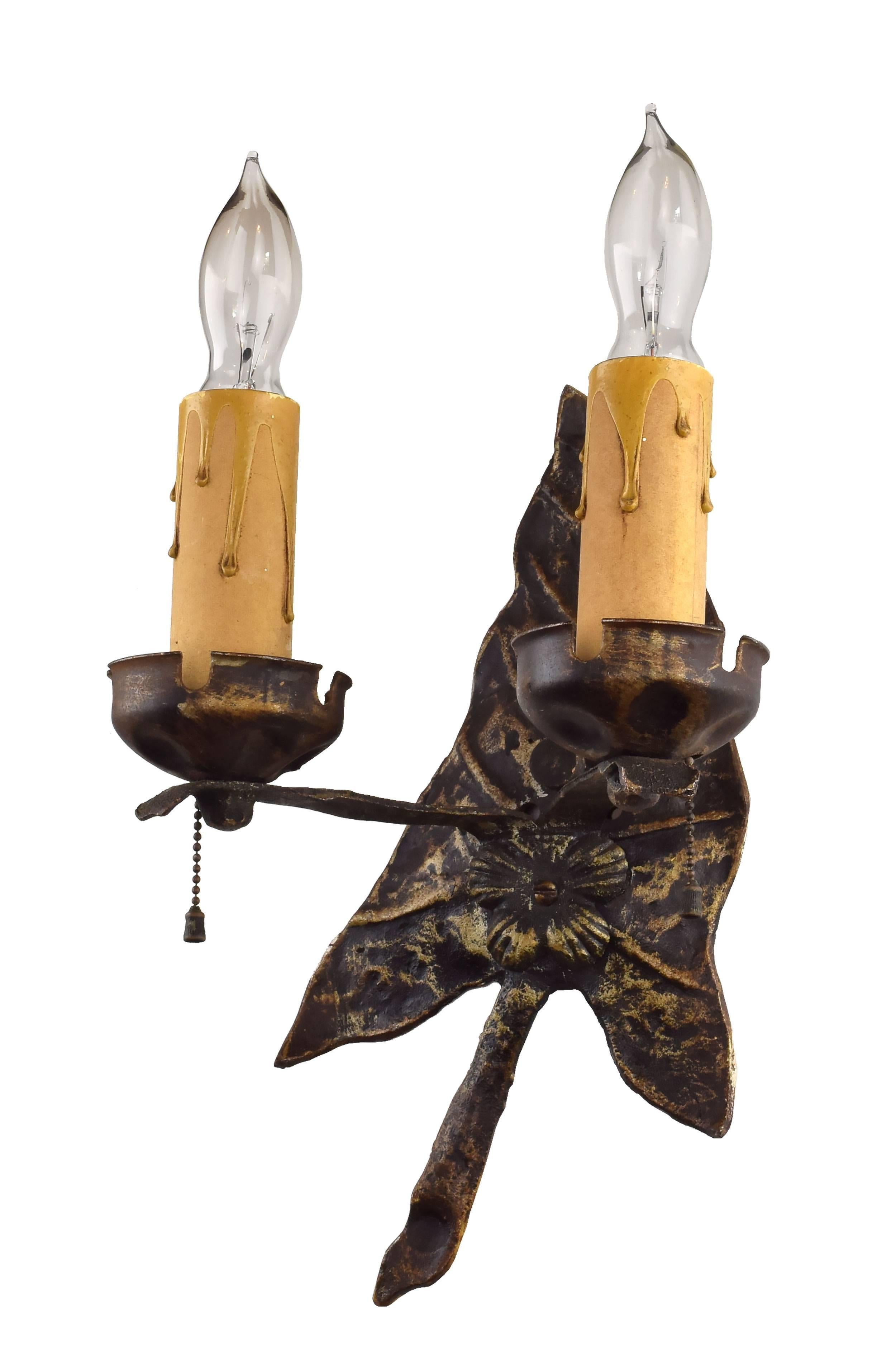 American Pair of Cast Iron Leafy Sconces