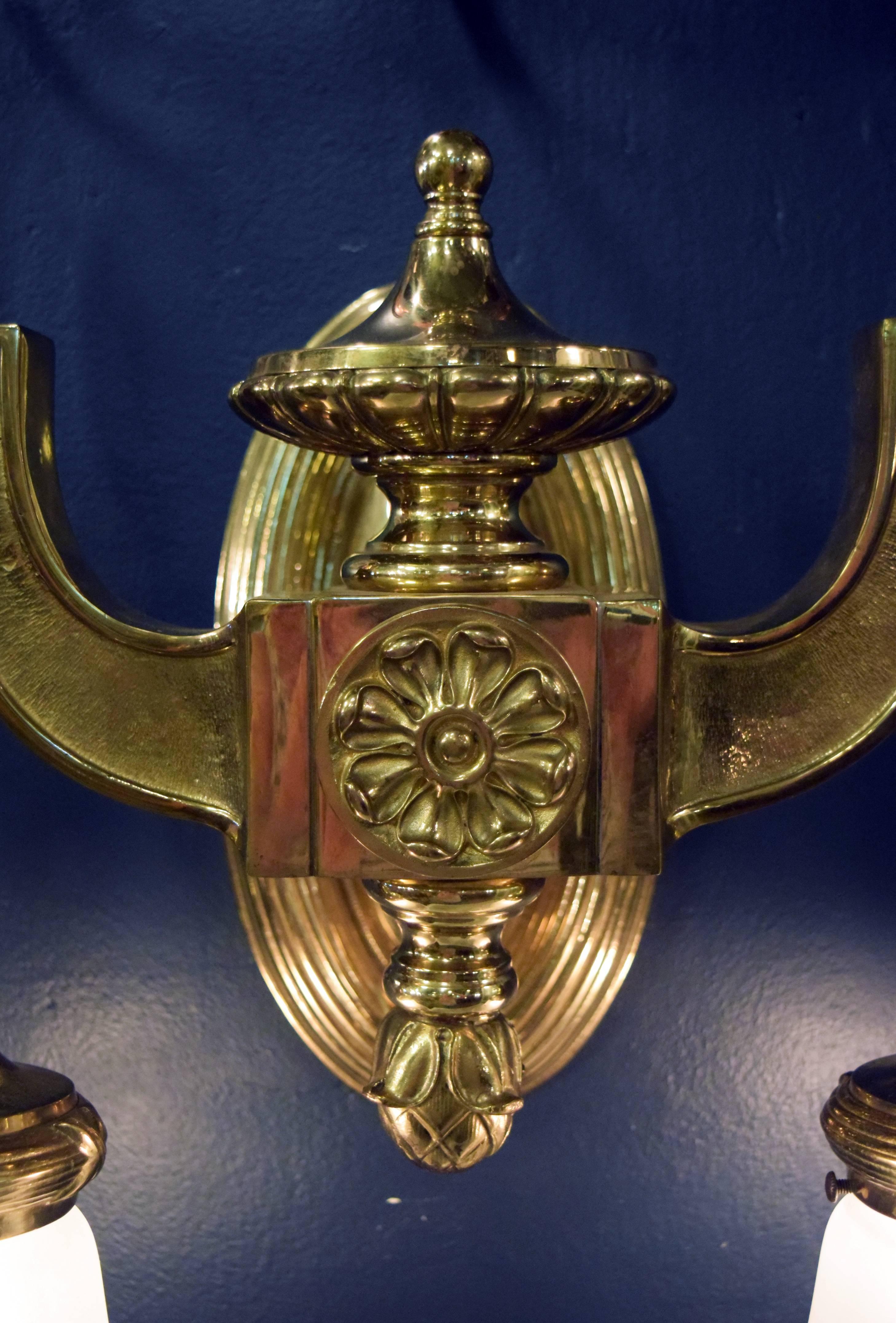 Neoclassical Revival Pair of Neoclassical Cast Brass Theatre Two-Arm Sconce with Shades