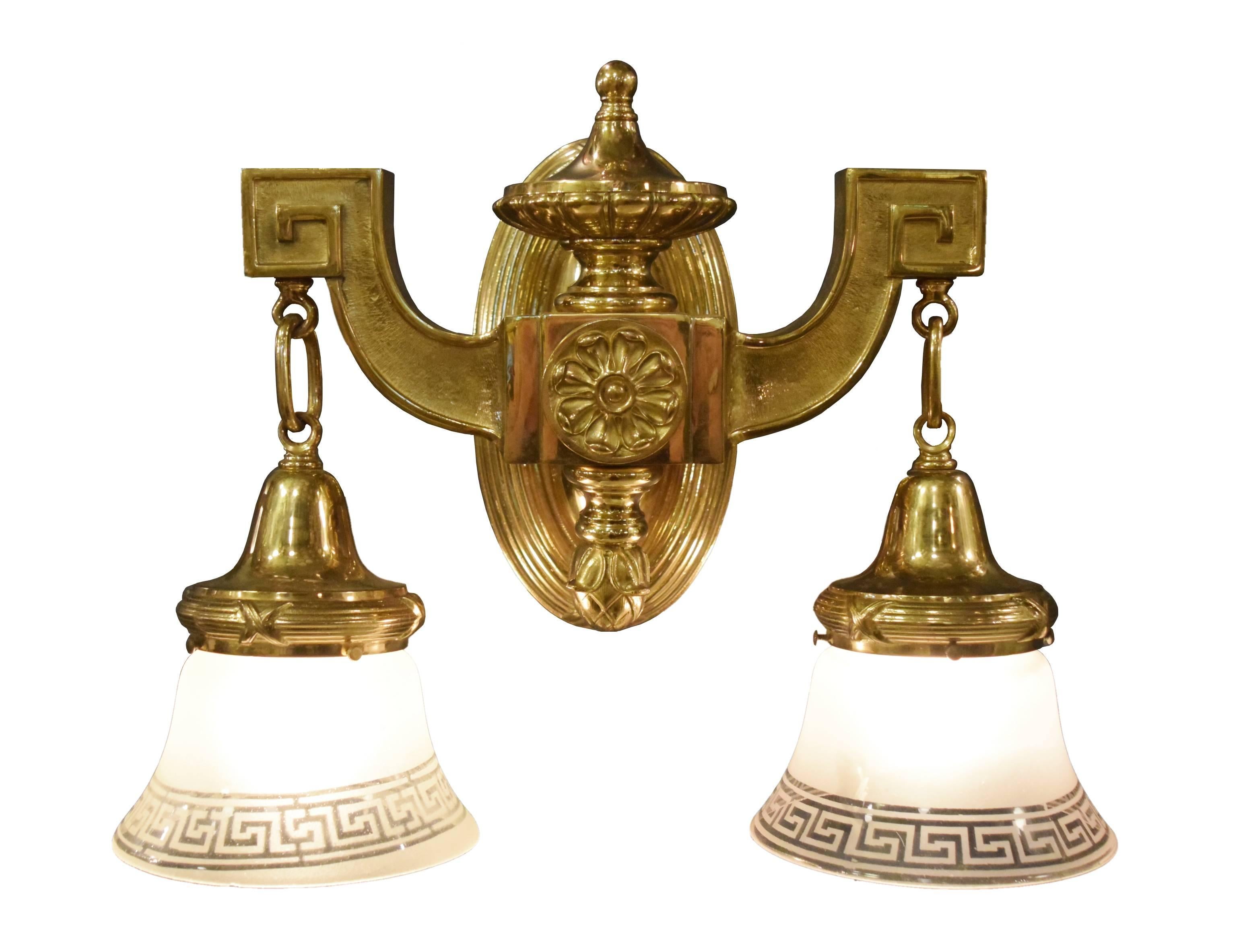 Pair of Neoclassical Cast Brass Theatre Two-Arm Sconce with Shades In Good Condition In Minneapolis, MN