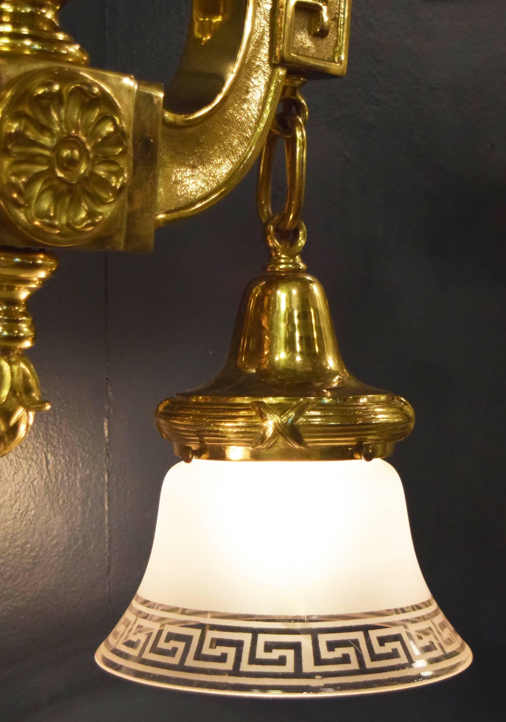 Metal Pair of Neoclassical Cast Brass Theatre Two-Arm Sconce with Shades