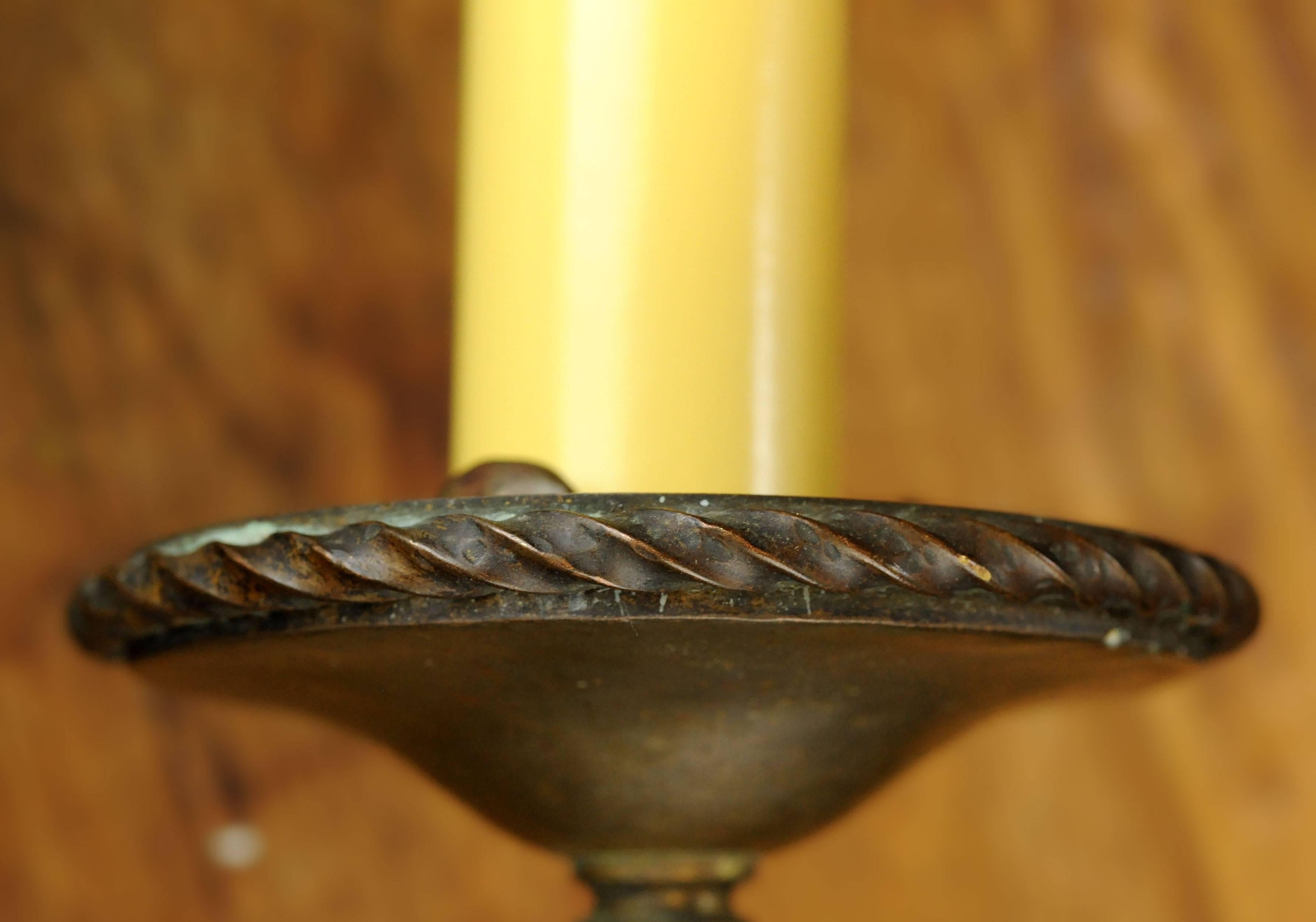 Hammered Brass Tudor Two Candle Sconce Set of Four In Good Condition In Minneapolis, MN
