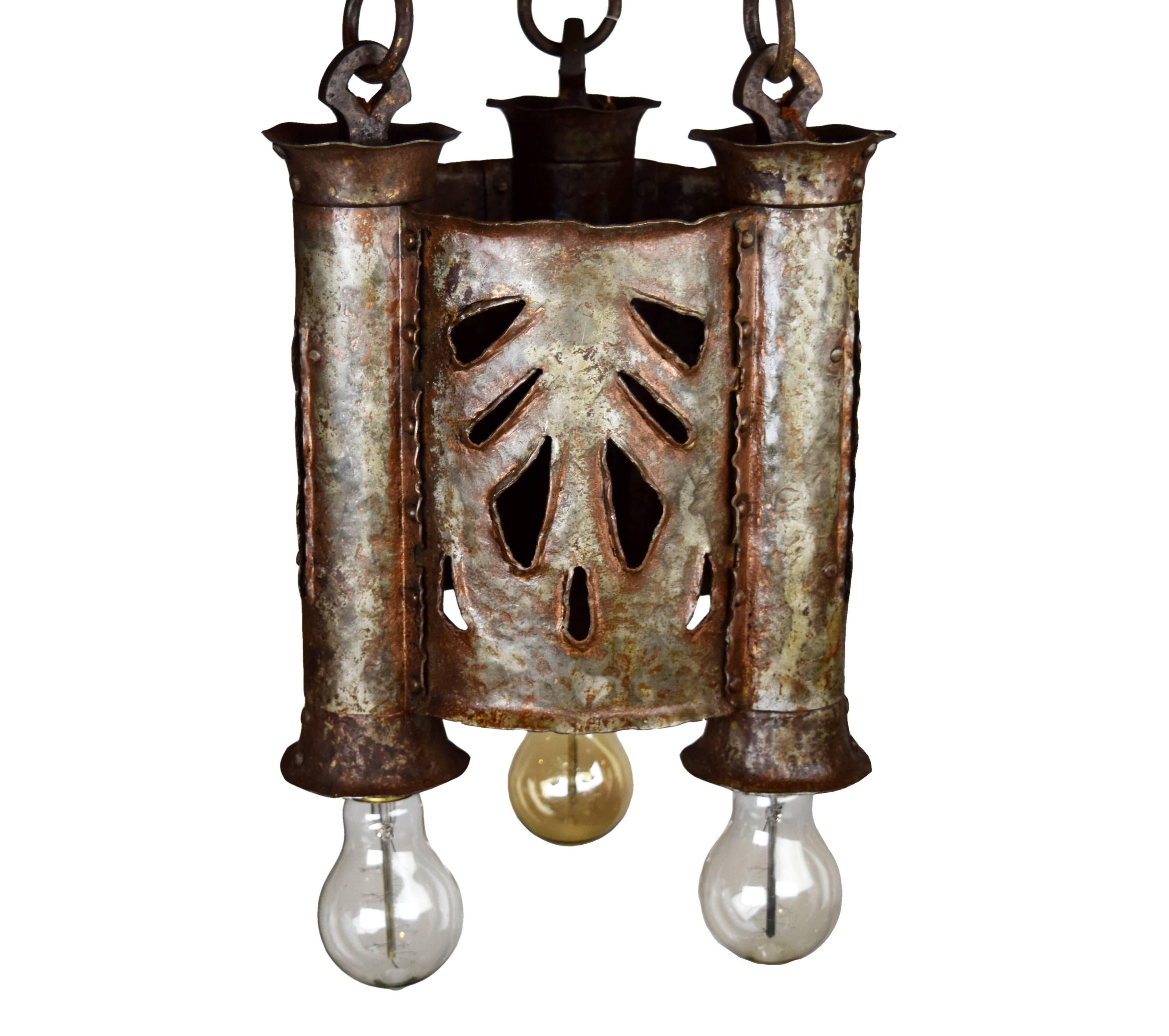 Gothic Revival Gothic Iron Three-Light Pendant with Hammered Finish For Sale